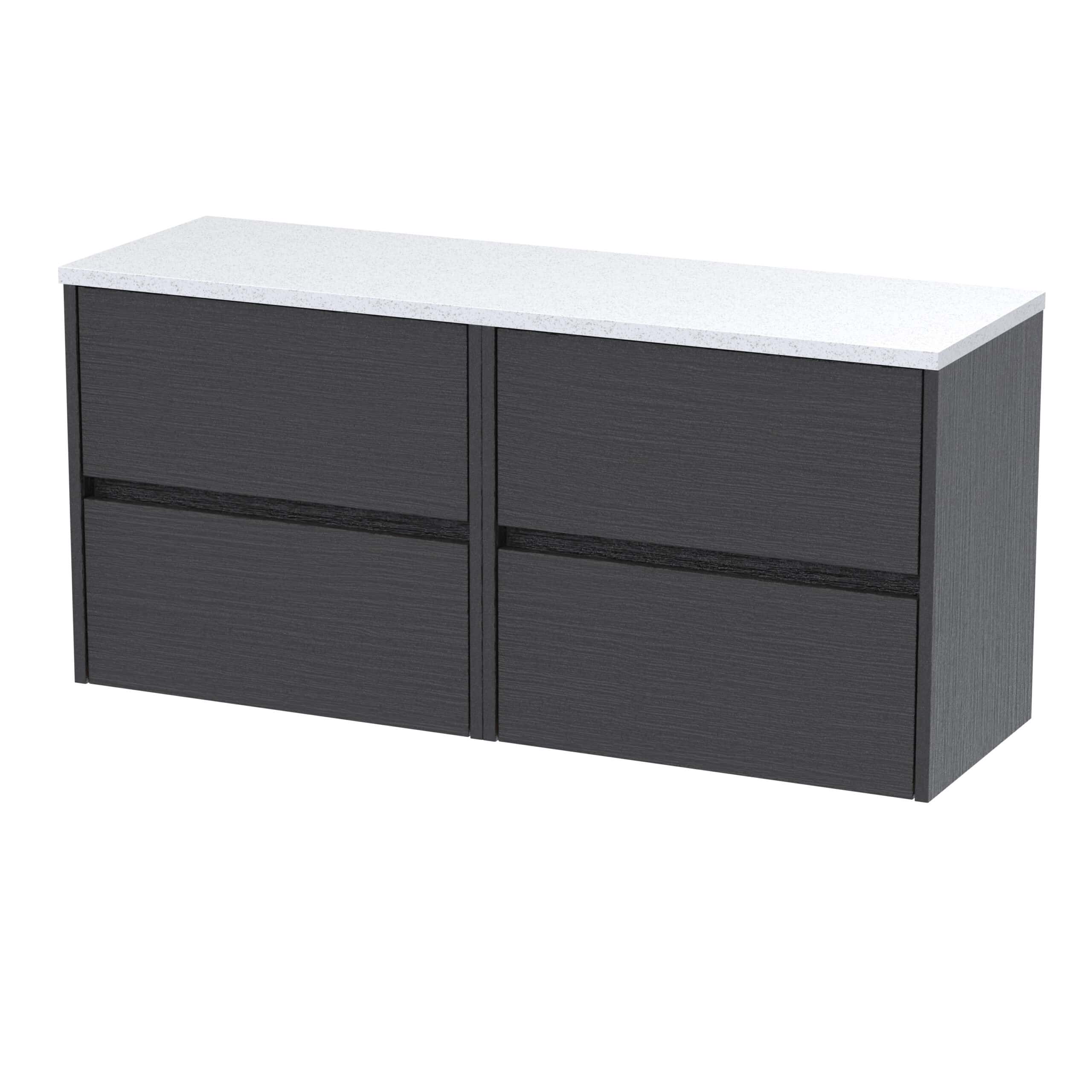 Modern black bathroom storage cabinet with a white countertop, sleek design, and multiple drawers for organised bathroom essentials. Ideal for contemporary bathroom decor.