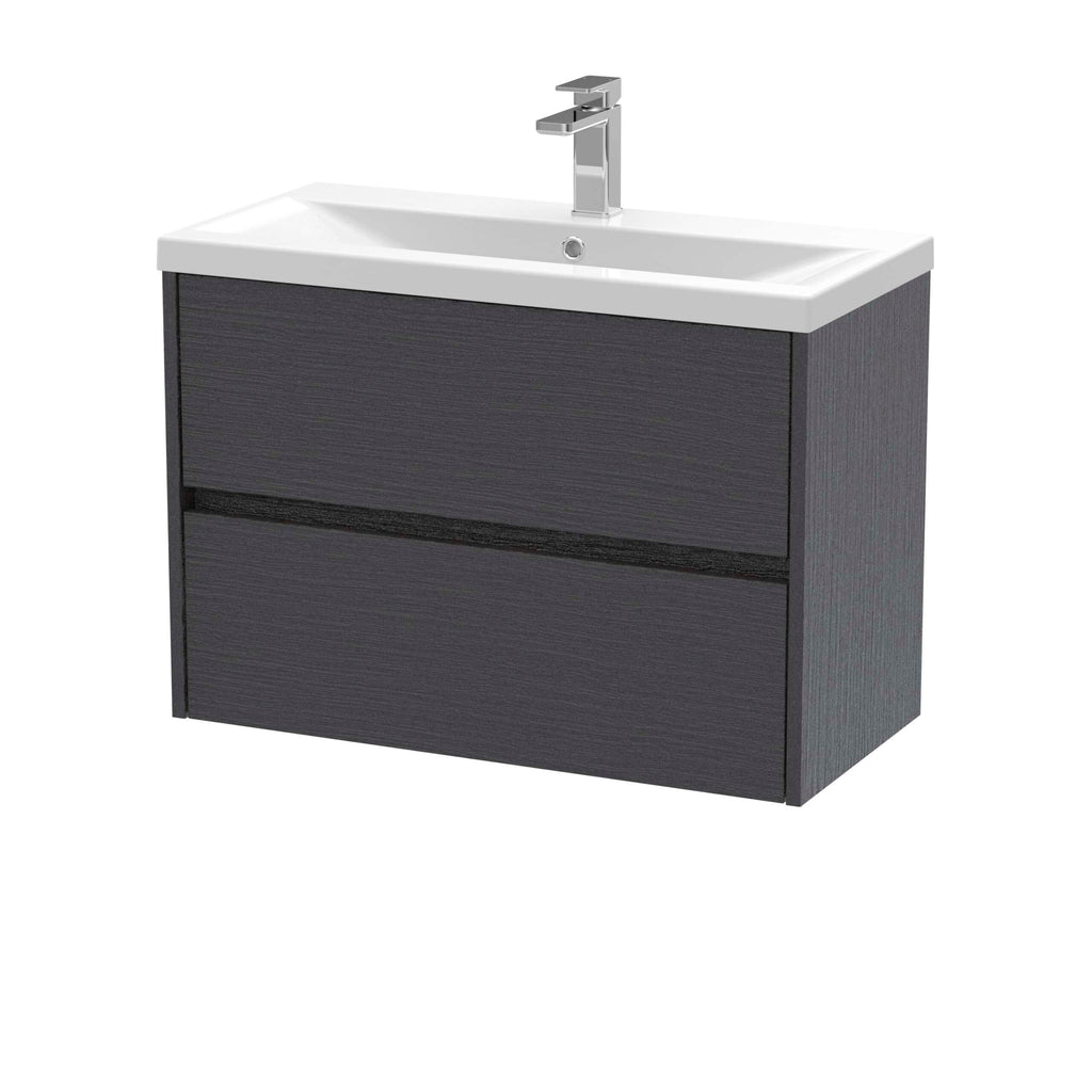 Sleek black bathroom vanity unit with integrated ceramic sink and modern chrome tap, ideal for contemporary bathrooms. Durable storage drawers provide space for bathroom essentials.