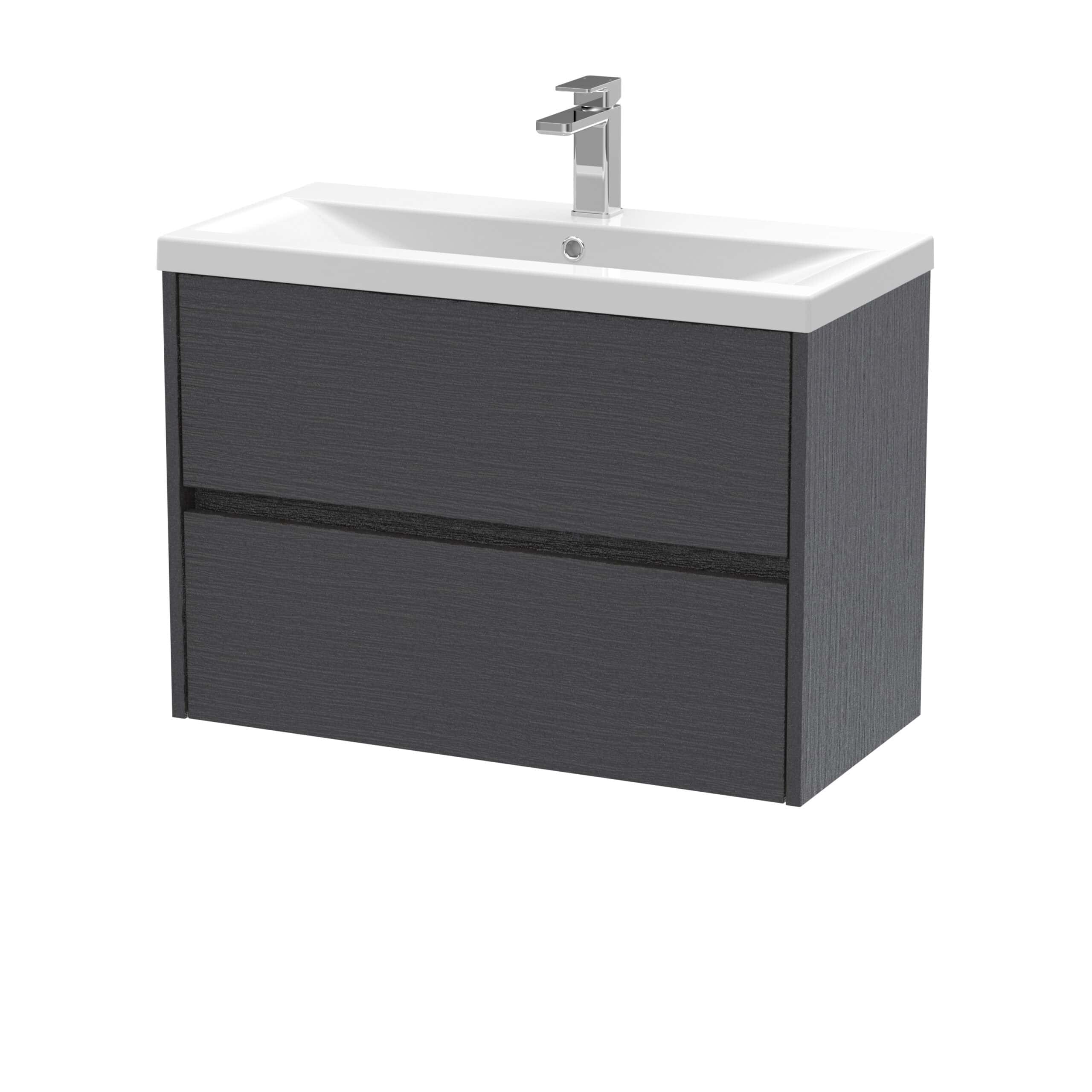 Sleek black bathroom vanity unit with integrated ceramic sink and modern chrome tap, ideal for contemporary bathrooms. Durable storage drawers provide space for bathroom essentials.