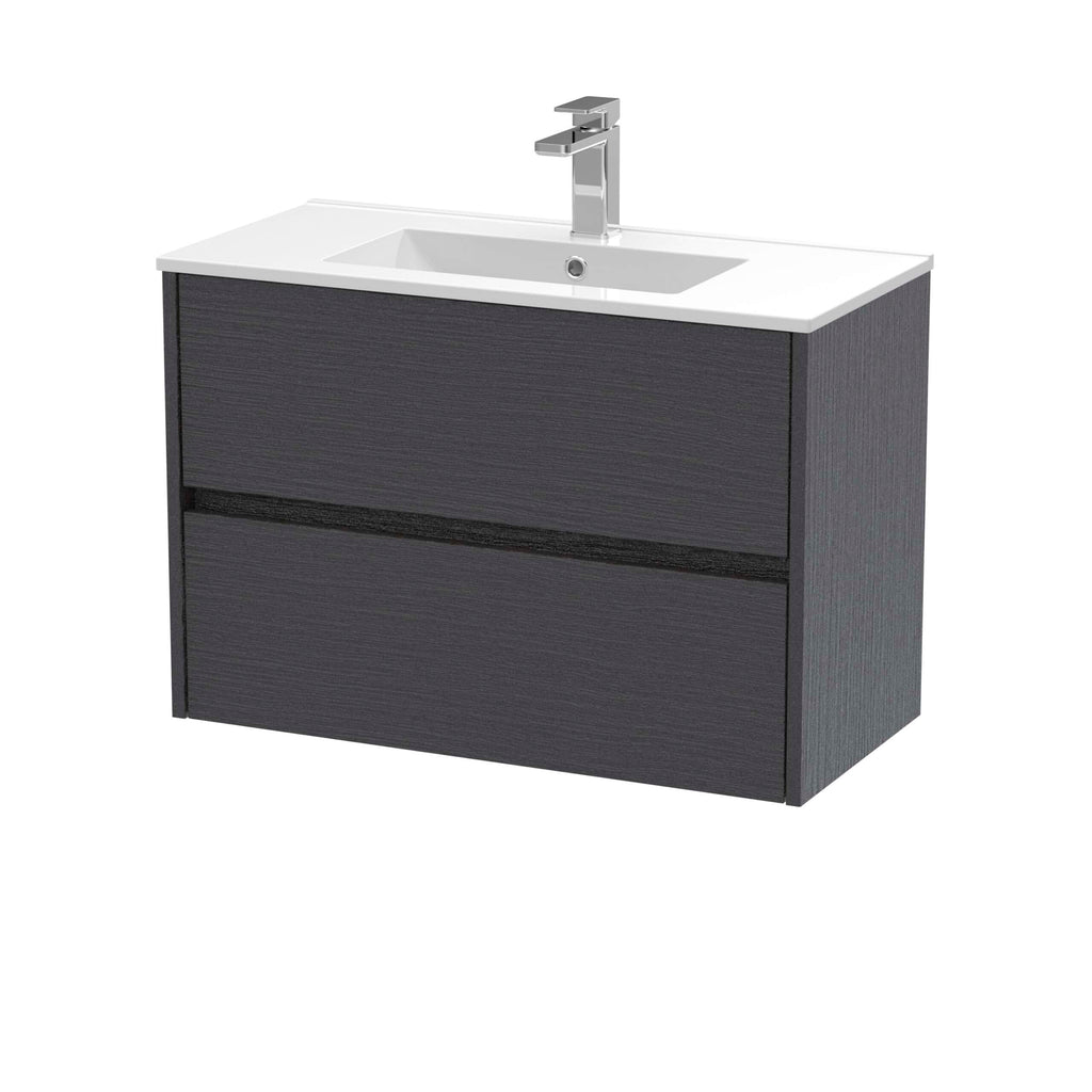 Sleek modern bathroom vanity unit with integrated sink and chrome tap, ideal for contemporary bathroom designs. Dark wood finish with two spacious drawers for efficient storage.