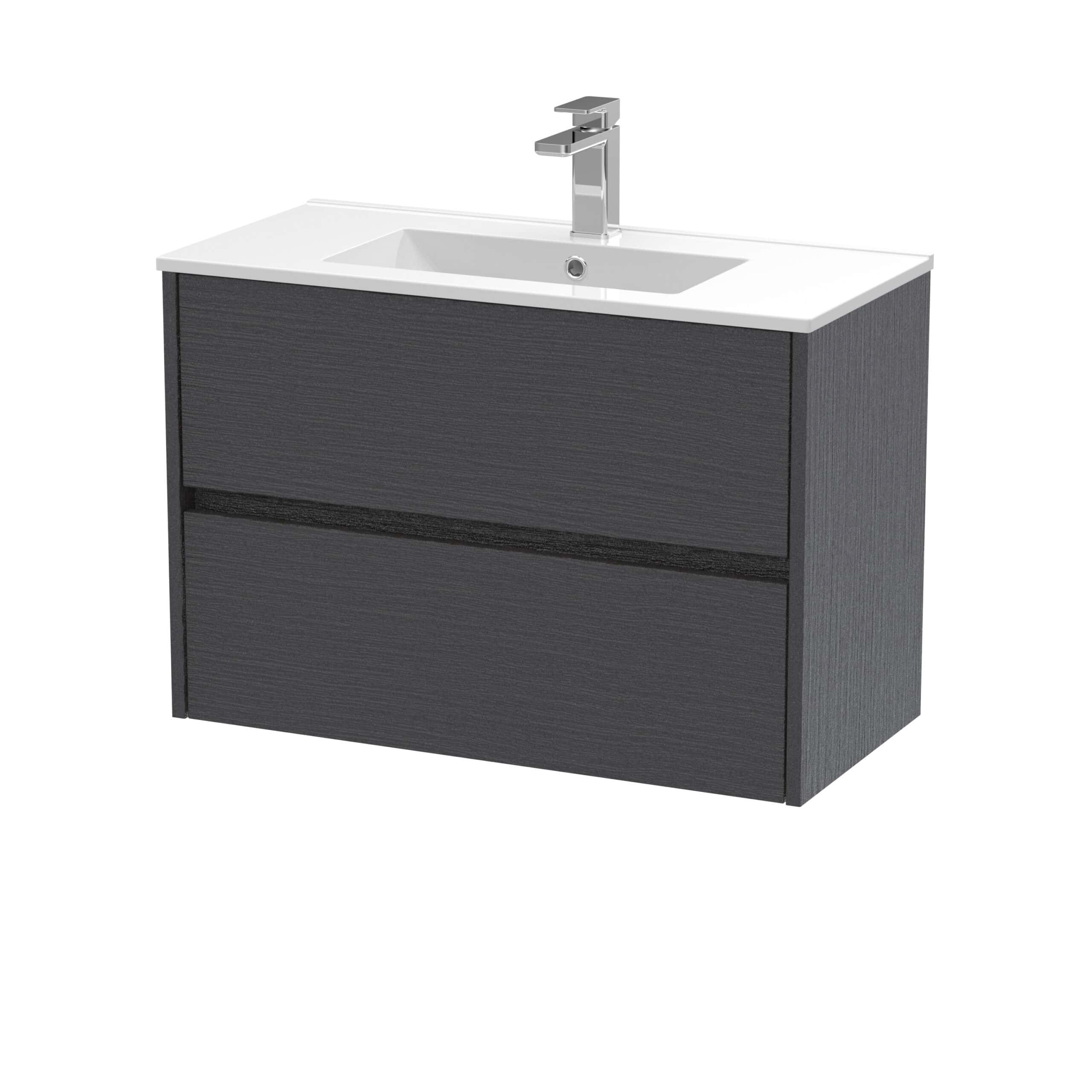Sleek modern bathroom vanity unit with integrated sink and chrome tap, ideal for contemporary bathroom designs. Dark wood finish with two spacious drawers for efficient storage.