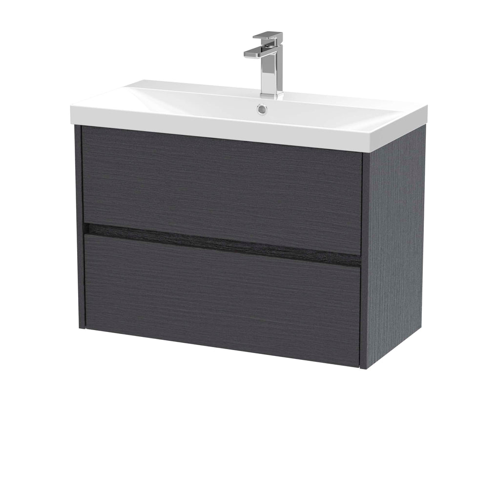 Modern bathroom vanity with integrated sink and sleek dark wood finish, ideal for contemporary bathroom designs.