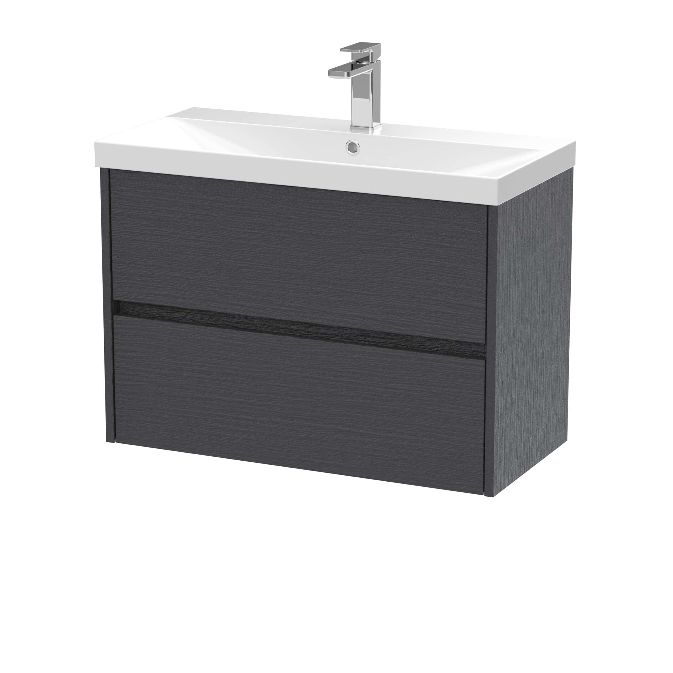 Modern bathroom vanity with integrated sink and sleek dark wood finish, ideal for contemporary bathroom designs.
