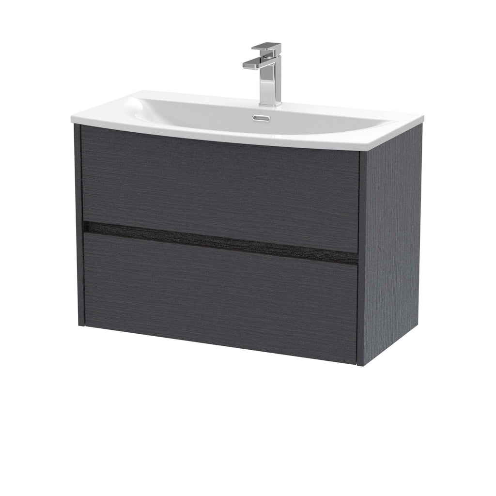 Sleek modern bathroom vanity with integrated ceramic sink and chrome faucet, dark wood finish, and spacious drawers, ideal for contemporary bathroom storage and design.