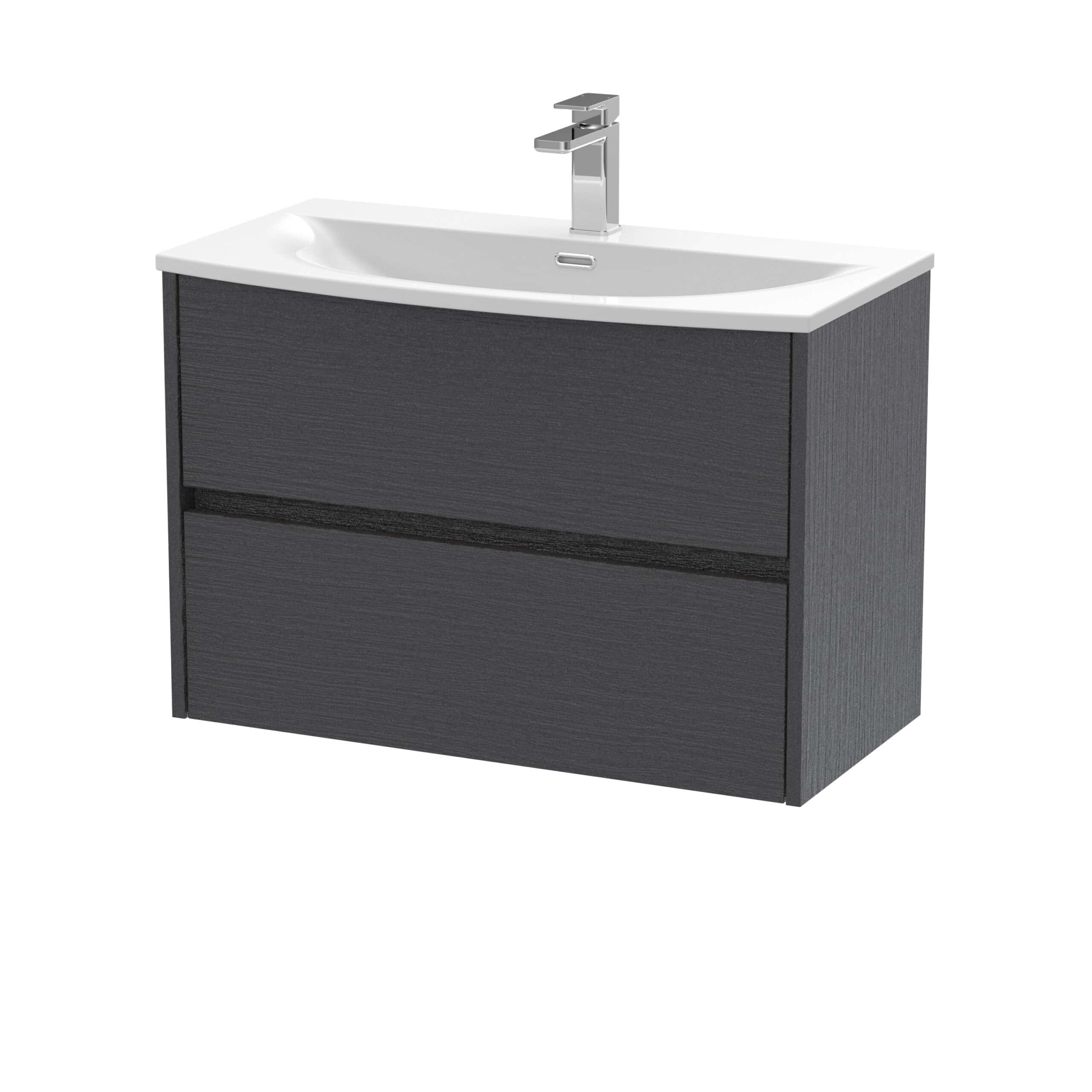 Sleek modern bathroom vanity with integrated ceramic sink and chrome faucet, dark wood finish, and spacious drawers, ideal for contemporary bathroom storage and design.