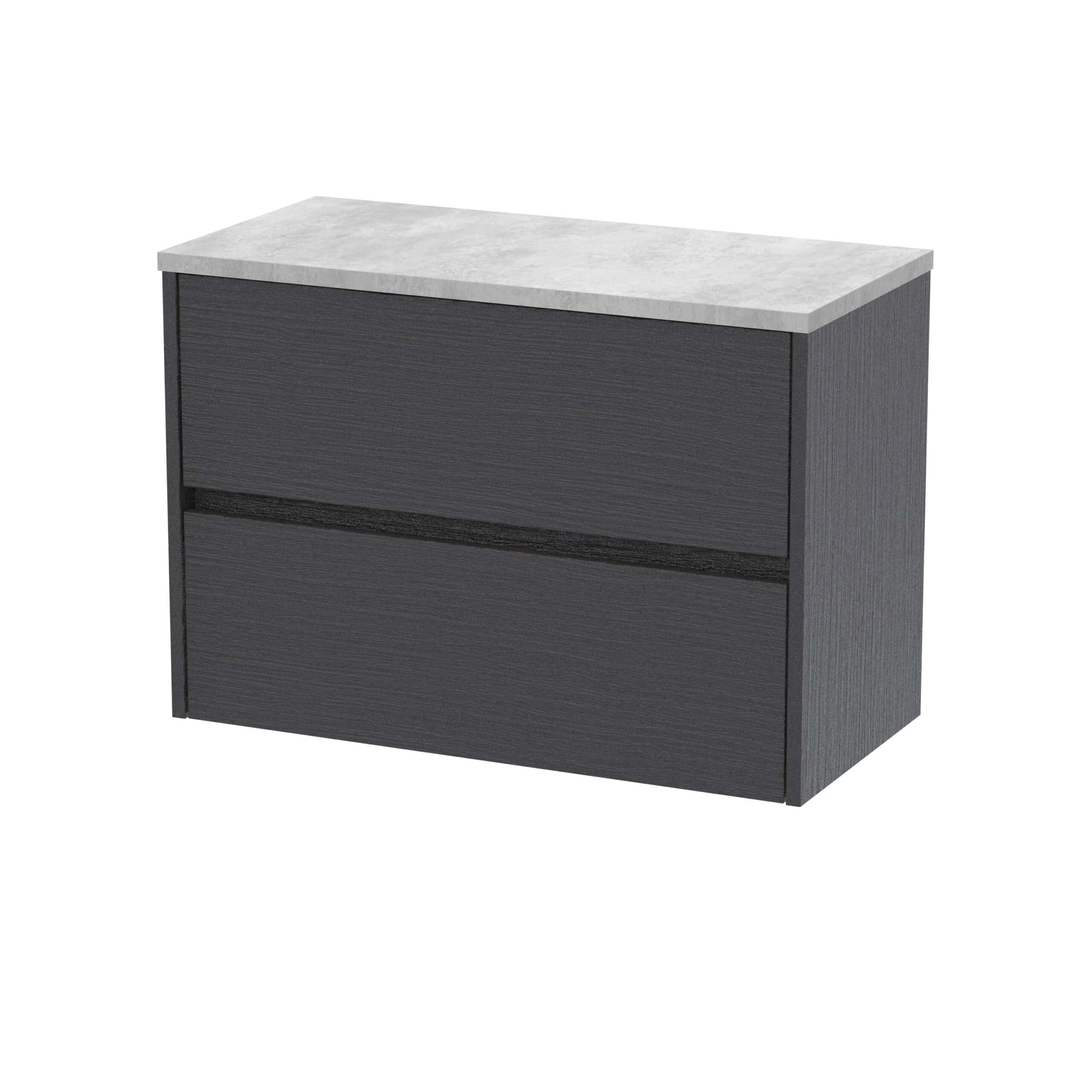 Sleek black bathroom vanity unit with a white marble top, modern storage solution for contemporary bathrooms, ideal for organising essentials and enhancing bathroom aesthetics.