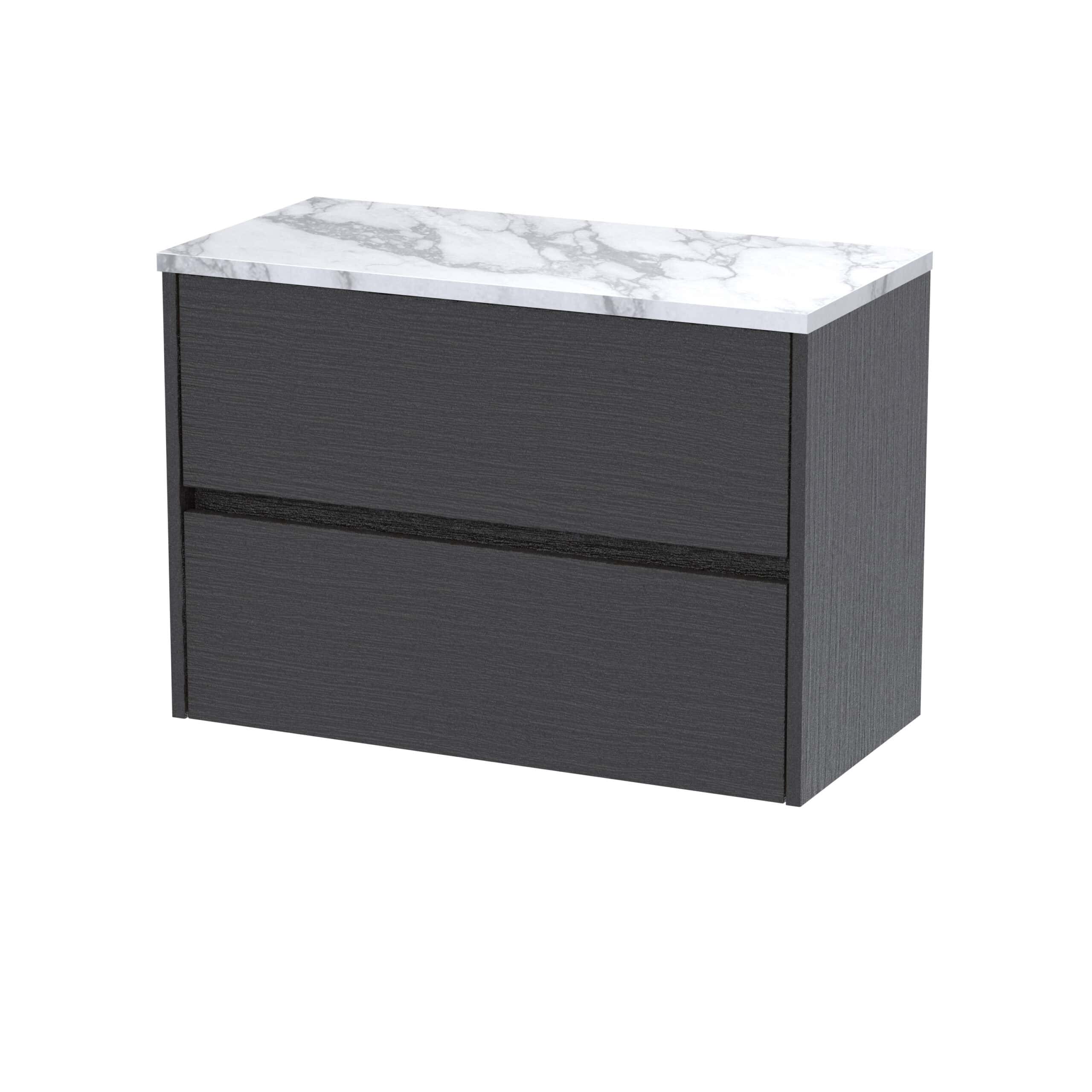 Sleek modern bathroom vanity with dark wood finish and elegant marble top, perfect for contemporary bathroom designs and storage solutions.