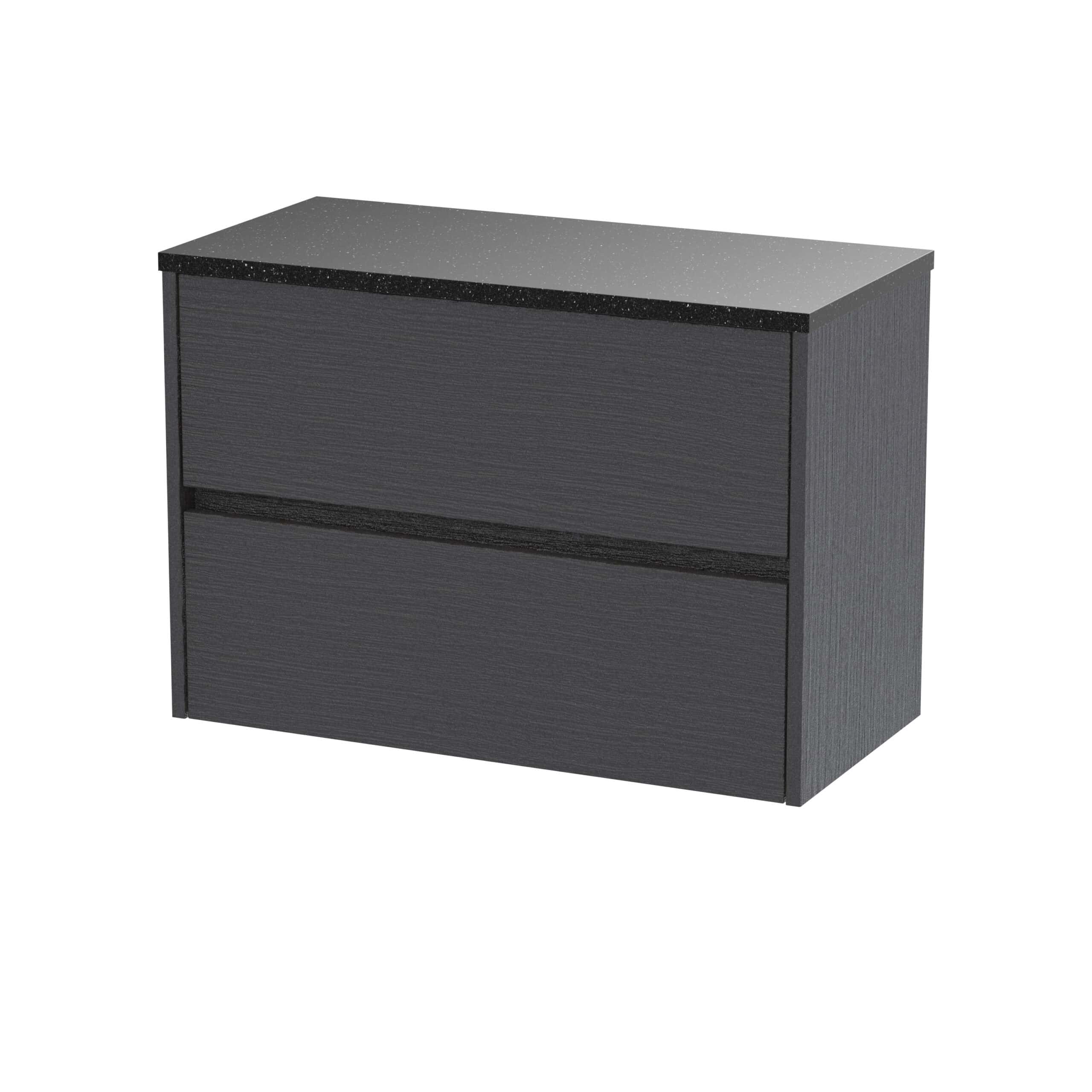 Sleek black bathroom storage unit with two drawers, modern design, perfect for organising toiletries and bathroom essentials. Durable finish and space-saving style suitable for contemporary bathrooms.