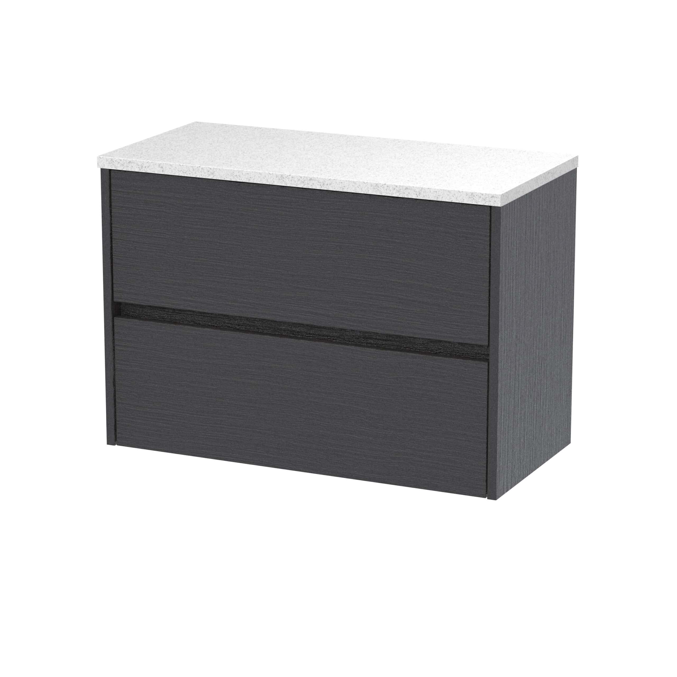 Modern black bathroom vanity unit with a white stone top, sleek storage drawers, perfect for contemporary bathroom storage solutions.
