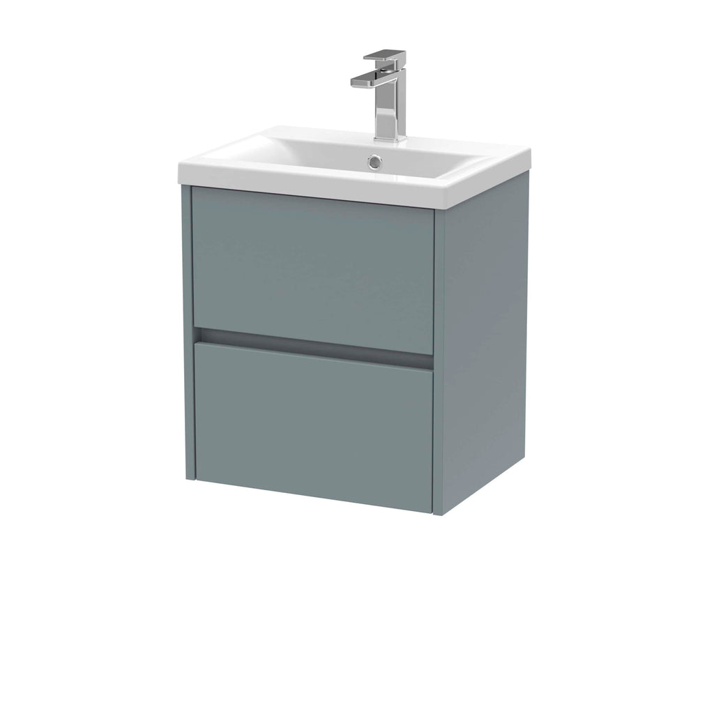 Modern grey bathroom vanity unit with integrated sink and chrome faucet, ideal for contemporary bathroom decor, offering stylish storage solutions for bathroom essentials.