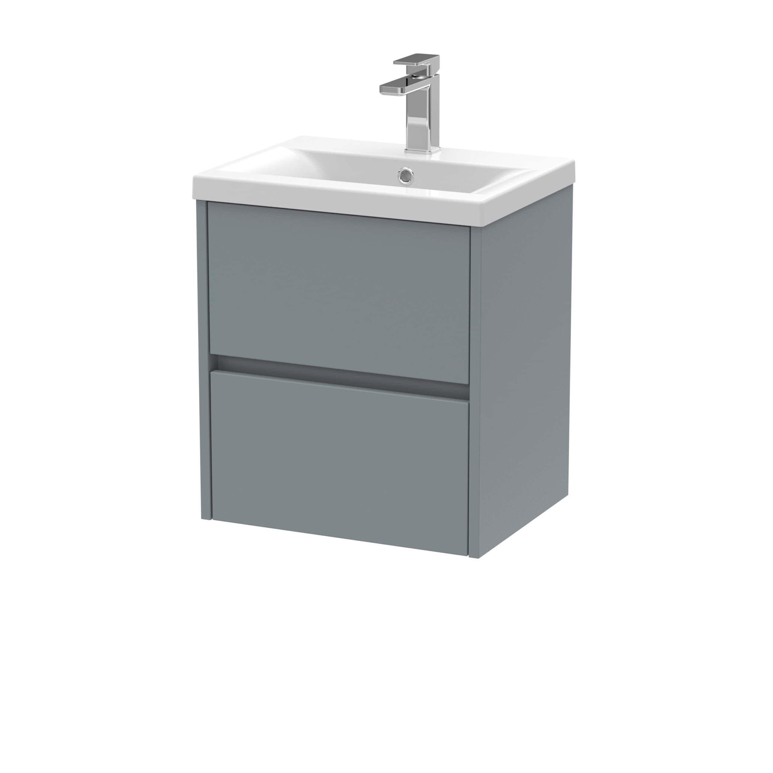Modern grey bathroom vanity unit with integrated sink and chrome faucet, ideal for contemporary bathroom decor, offering stylish storage solutions for bathroom essentials.