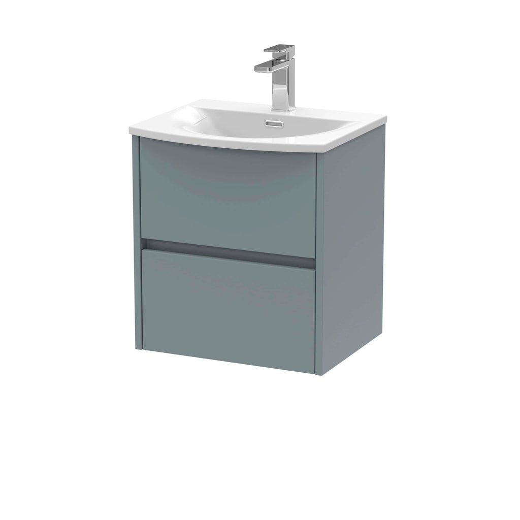 Modern grey bathroom vanity unit with integrated basin and chrome tap, ideal for contemporary bathroom designs. Perfect for storage and space-saving solutions.