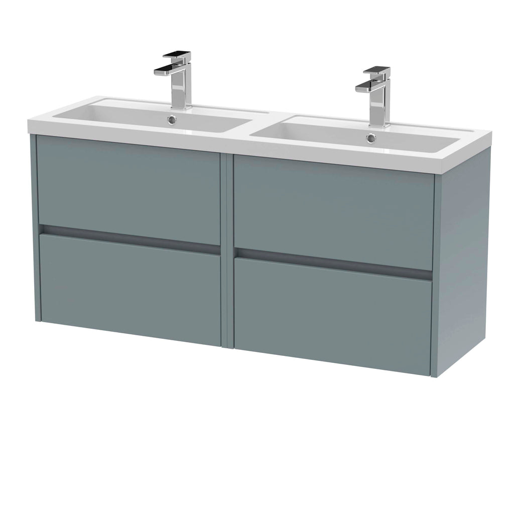 Double sink bathroom vanity unit with modern chrome taps, grey cabinetry, and white countertops, ideal for contemporary bathrooms and enhancing space efficiency.