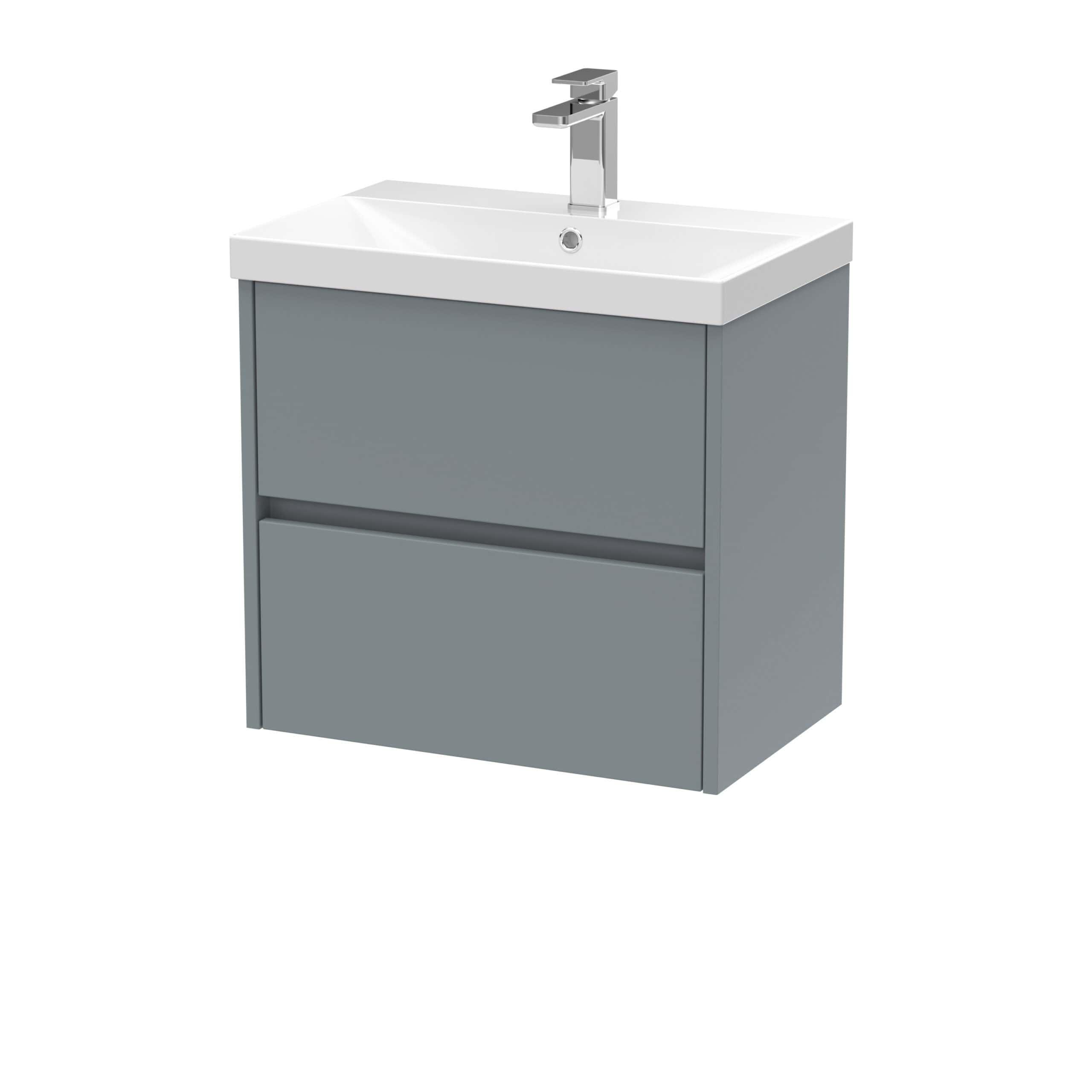 Stylish grey bathroom vanity with integrated wash basin and modern chrome tap, ideal for contemporary bathrooms or en-suites. Compact and functional design perfect for space optimisation.