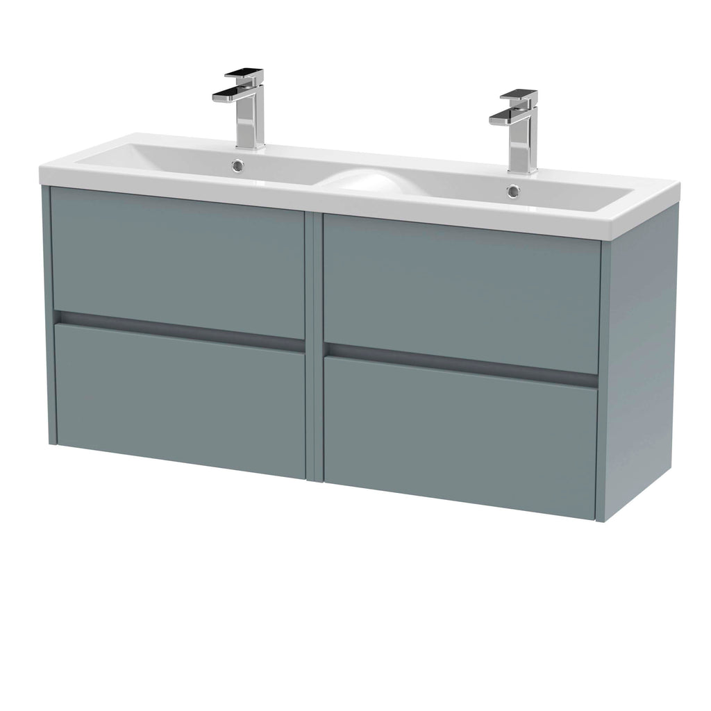 Double modern bathroom vanity with dual sinks and chrome tap faucets, grey cabinet with sleek design, ideal for contemporary bathrooms, from Bubly Bathrooms.