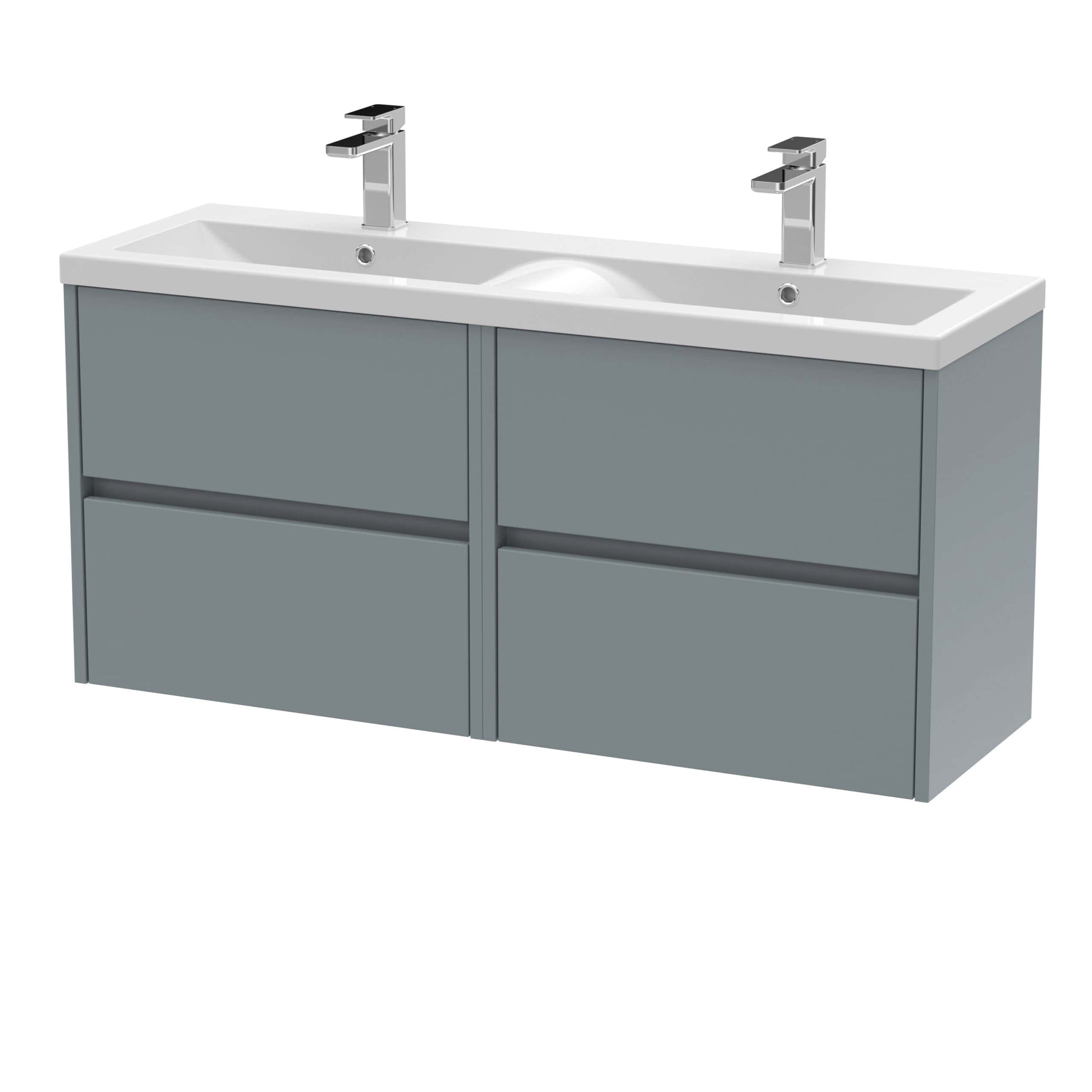 Double modern bathroom vanity with dual sinks and chrome tap faucets, grey cabinet with sleek design, ideal for contemporary bathrooms, from Bubly Bathrooms.