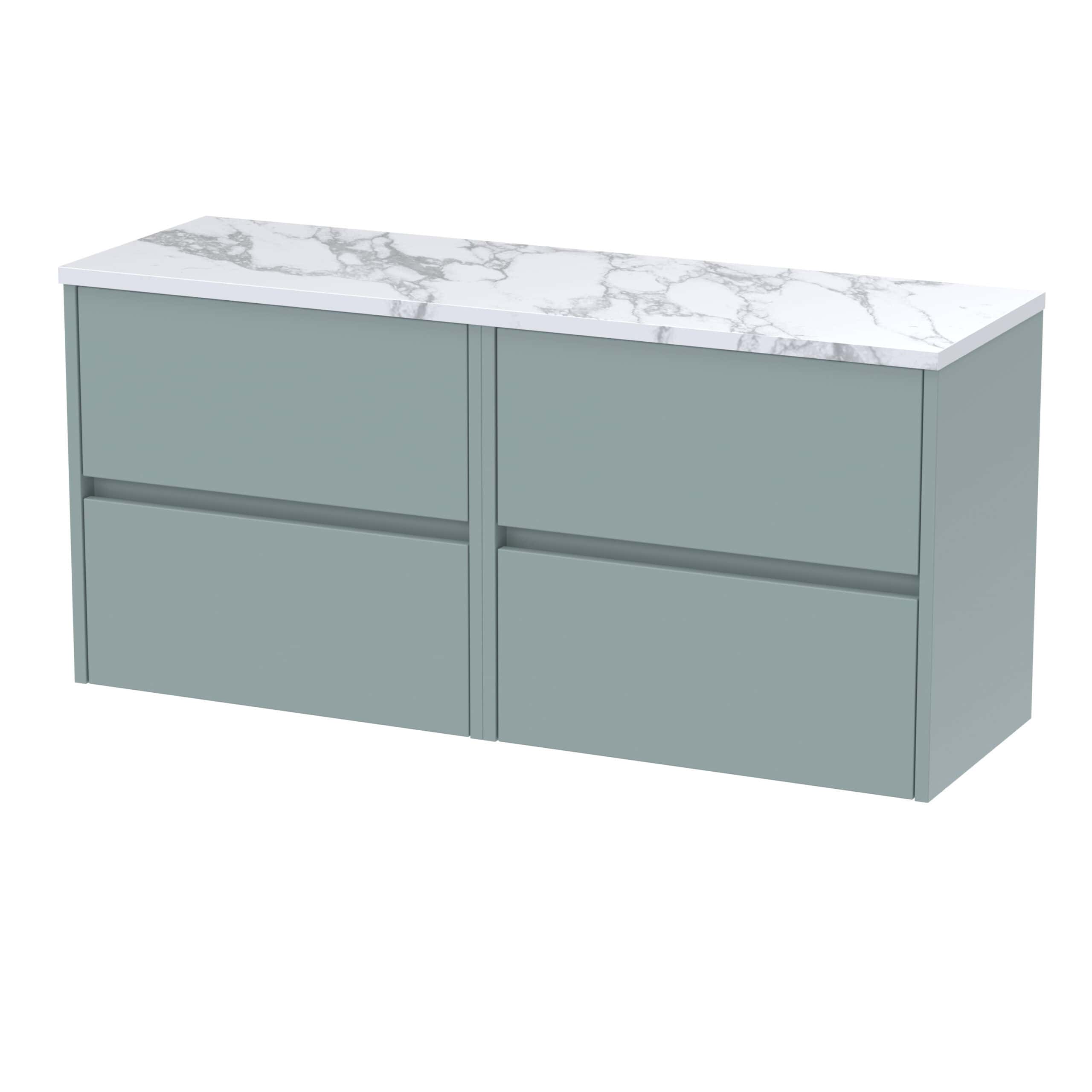 Sleek modern bathroom vanity unit with a grey finish and a luxurious marble effect worktop, designed for stylish and functional bathroom storage solutions.