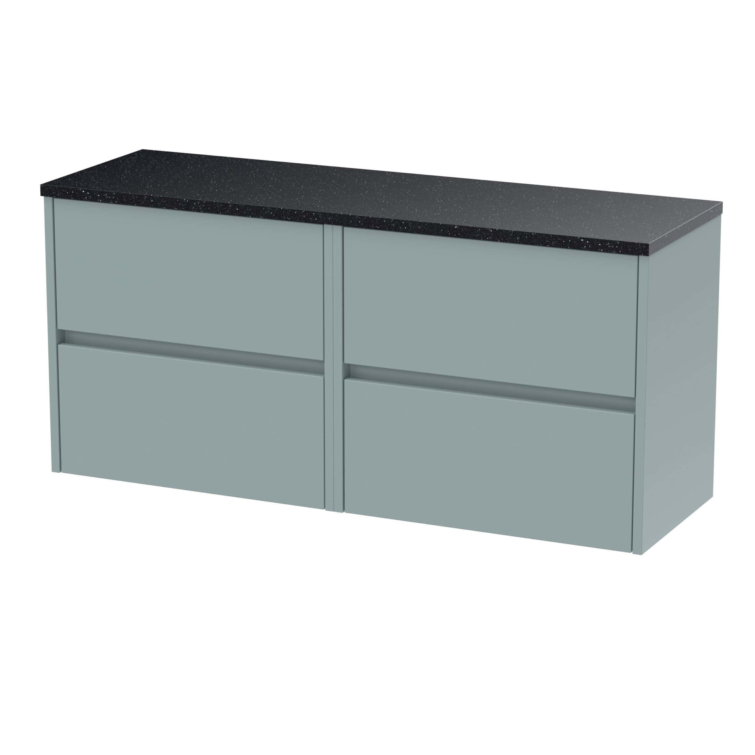 Sleek modern bathroom vanity unit with a black granite countertop and soft-close drawers for stylish and functional bathroom storage.