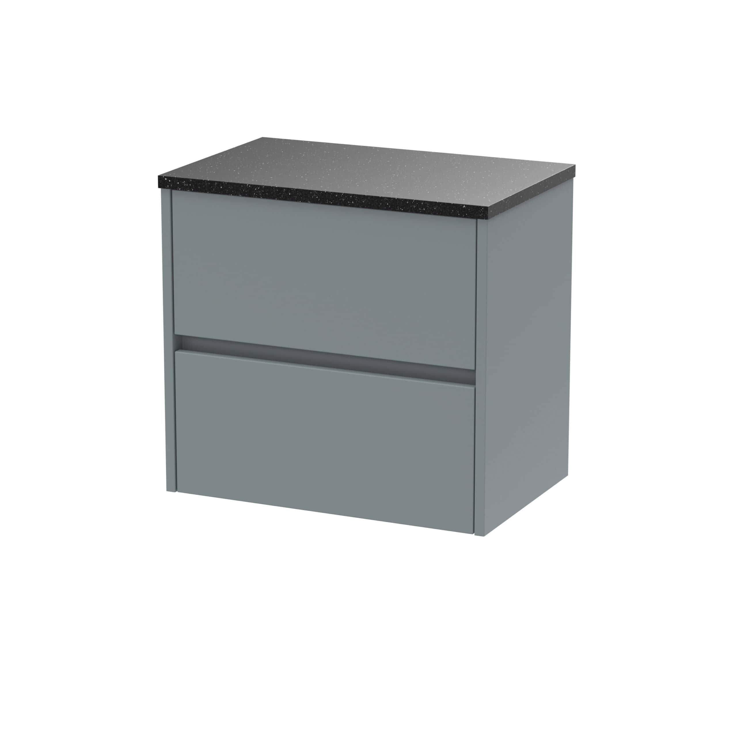 Sharp grey bathroom storage cabinet with two drawers and black speckled countertop for modern bathroom organisation.