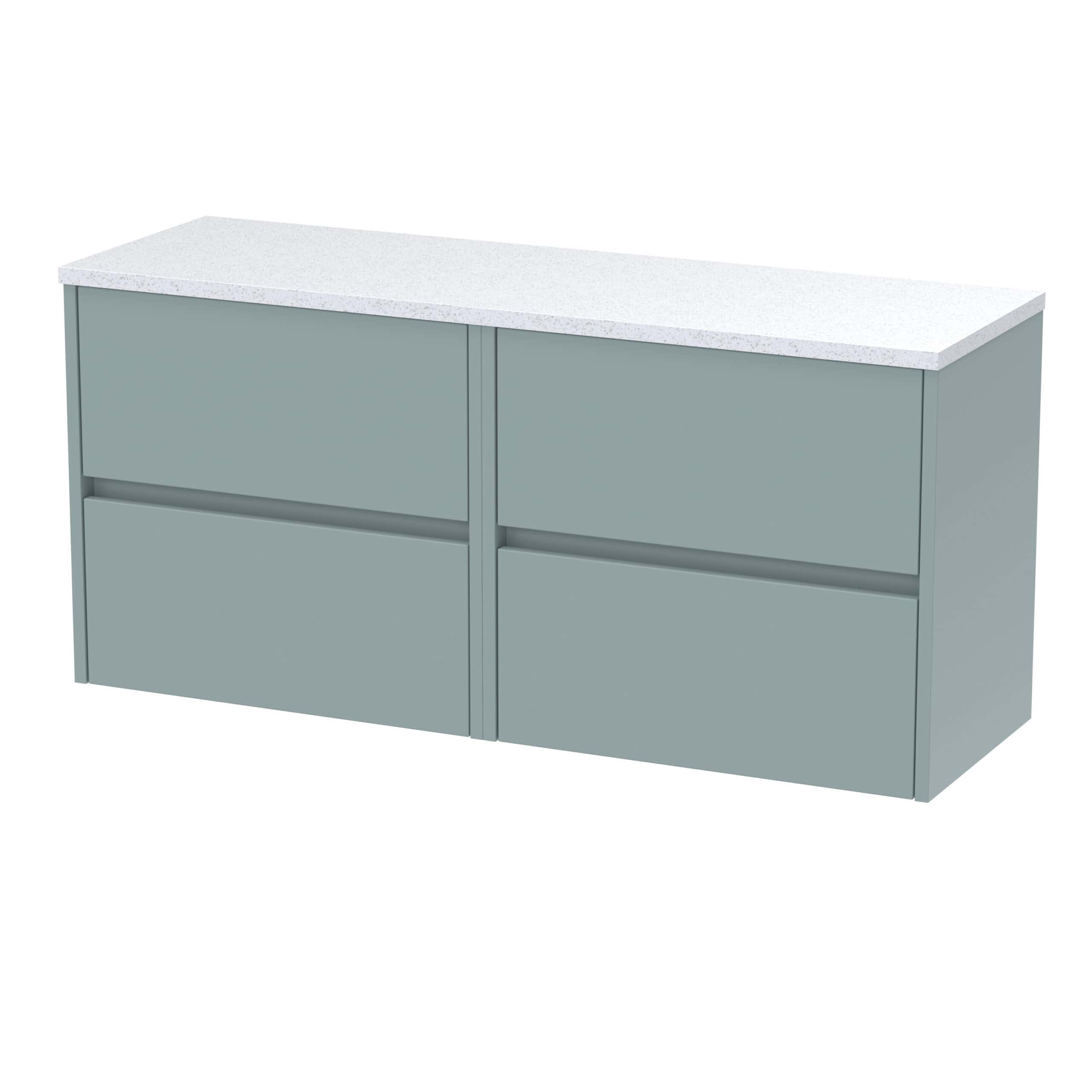 Sleek grey bathroom vanity unit with four drawers and a white speckled countertop, ideal for modern bathroom storage solutions.