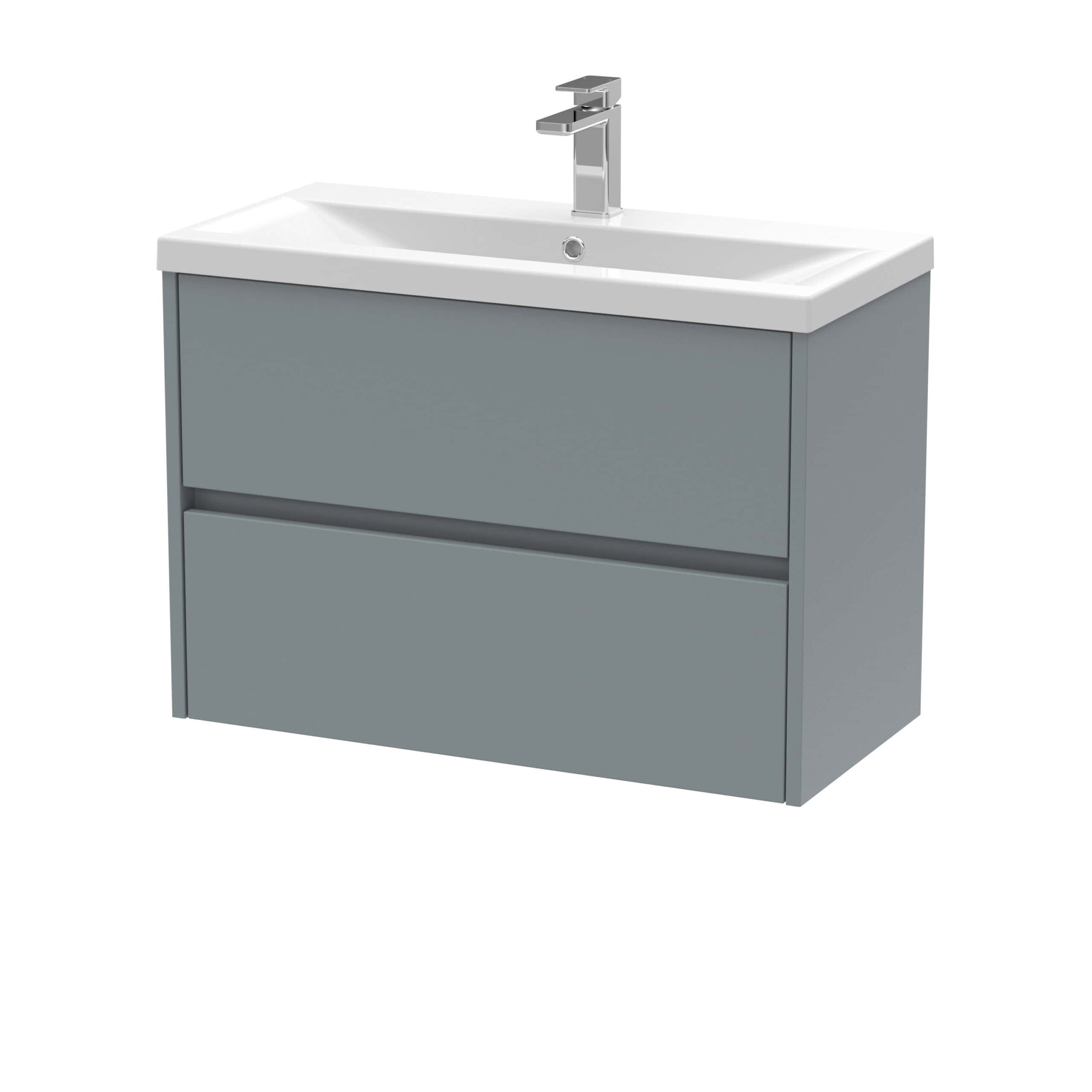 Sleek grey bathroom vanity with integrated white ceramic sink and modern chrome faucet - perfect for contemporary bathroom design.
