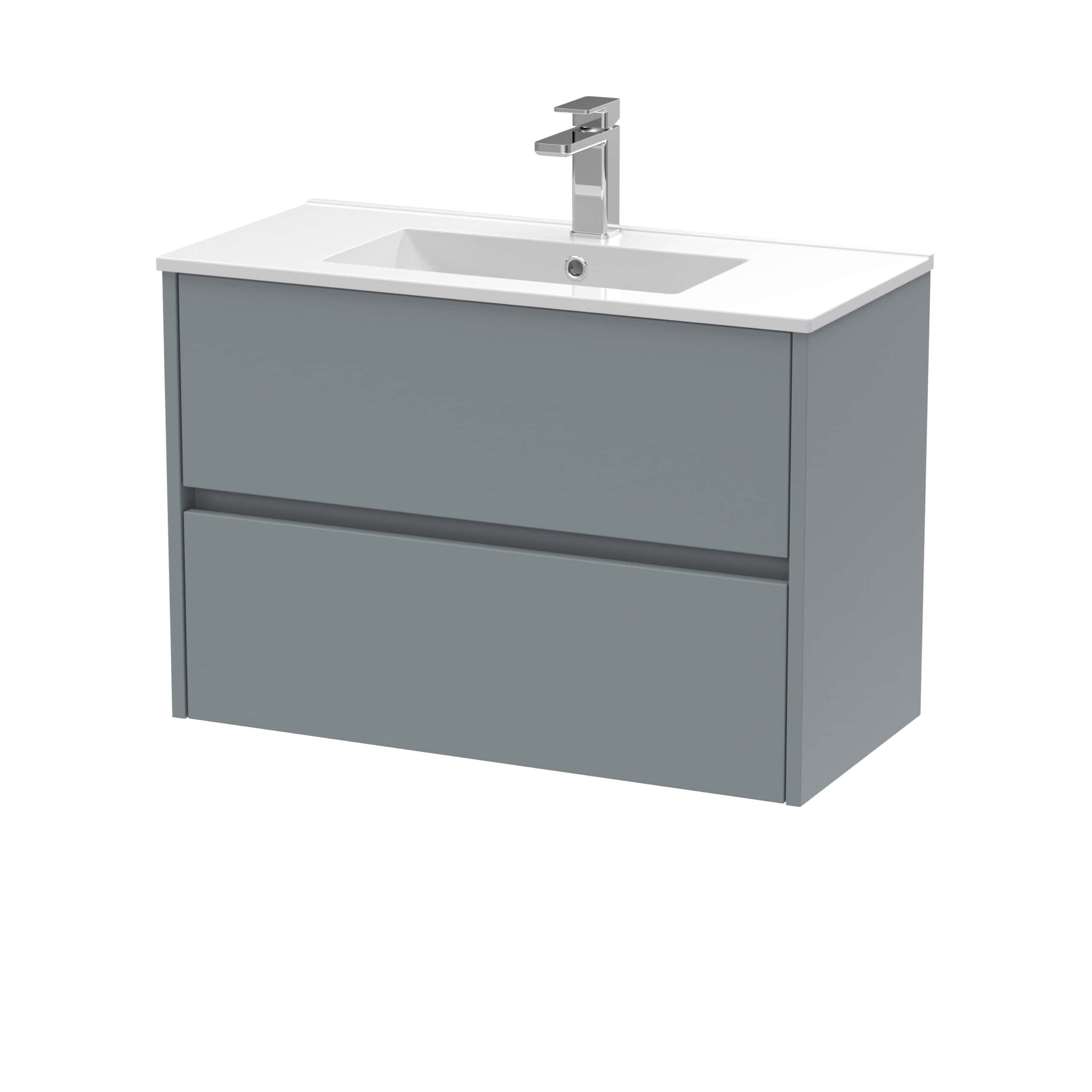 Sleek modern bathroom vanity unit with integrated sink and chrome tap, perfect for contemporary bathroom designs, featuring ample storage drawers for organisation.