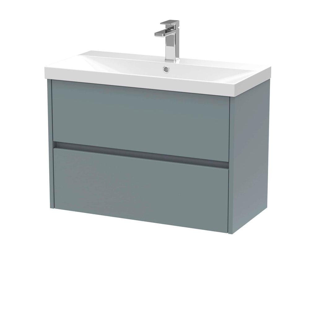 Modern grey bathroom vanity with integrated sink and chrome faucet. Ideal for contemporary bathroom designs, offering style and practical storage space. Perfect for residential and commercial bathrooms.