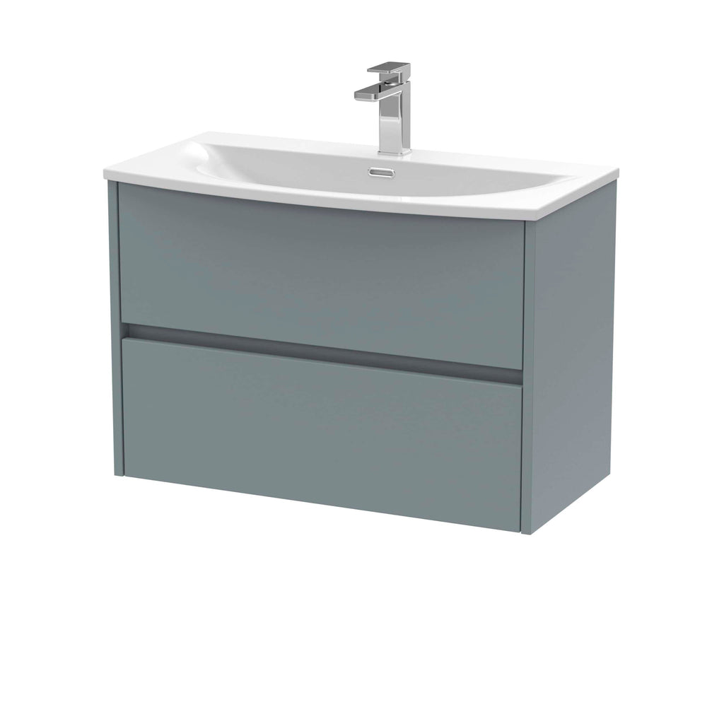 Modern grey bathroom vanity unit with a white ceramic sink and chrome tap, ideal for contemporary bathrooms and ensuite spaces.