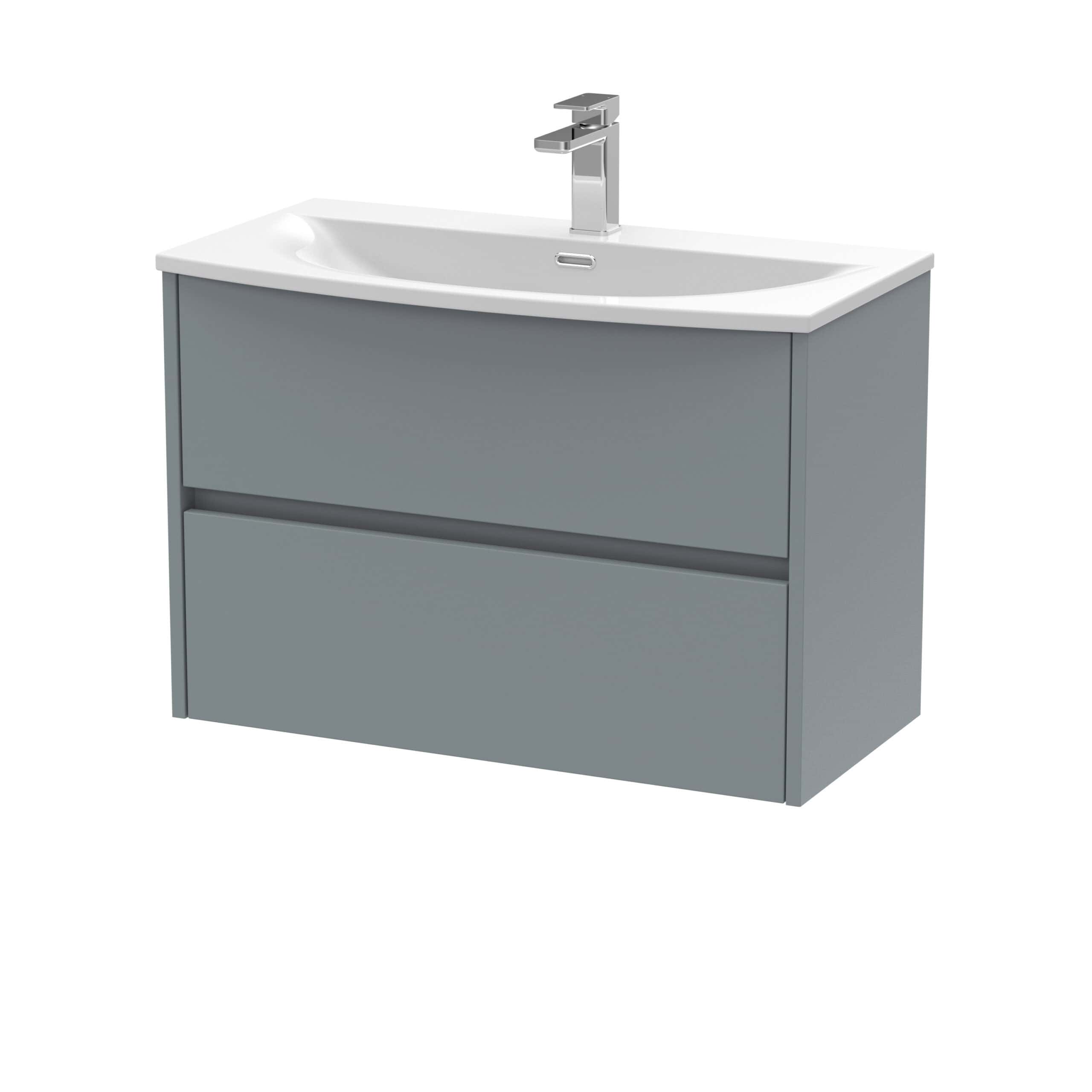 Modern grey bathroom vanity unit with a white ceramic sink and chrome tap, ideal for contemporary bathrooms and ensuite spaces.