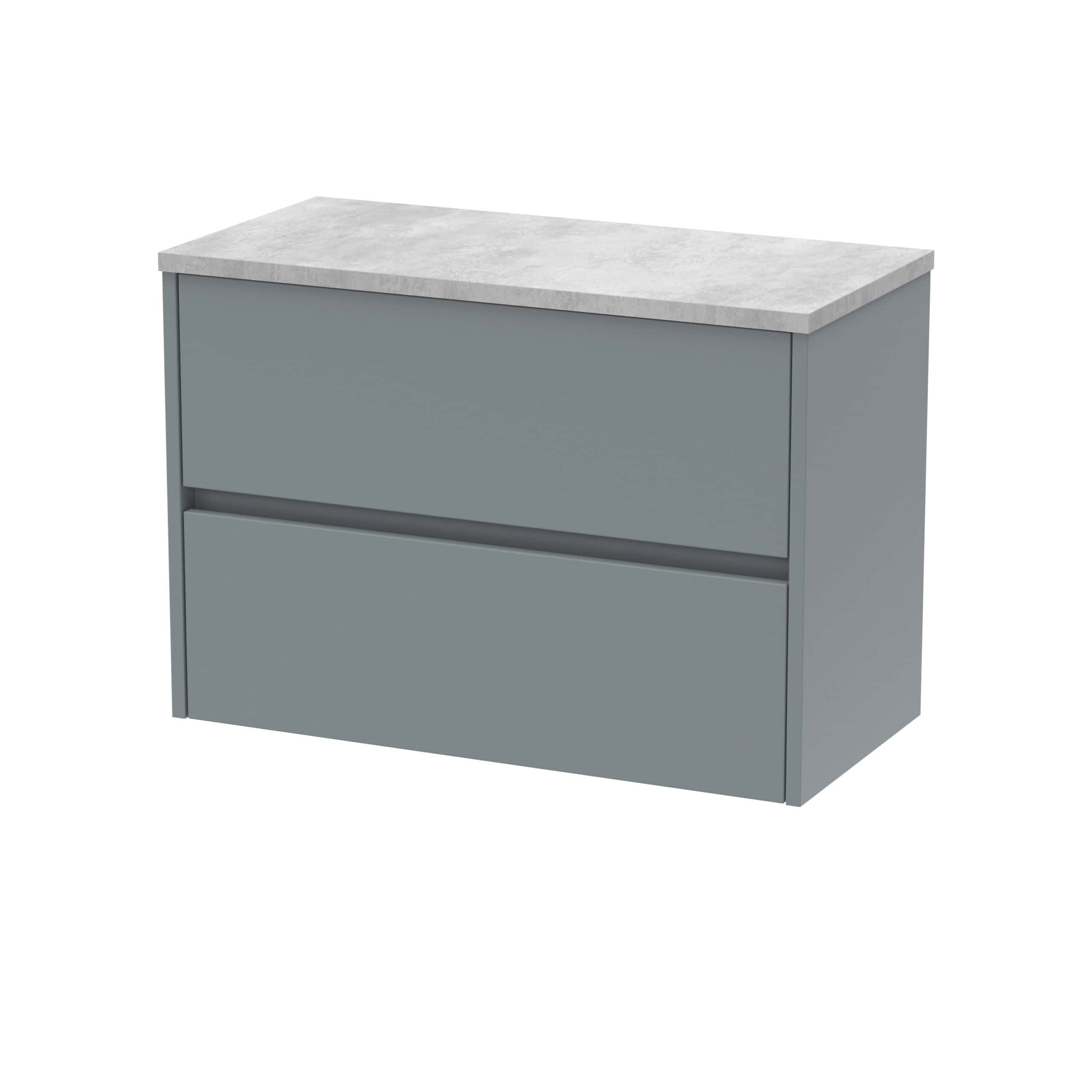 Contemporary grey bathroom vanity with a marble top, sleek storage drawers, ideal for modern bathrooms, combining style and functionality. Perfect for storing bathroom essentials.