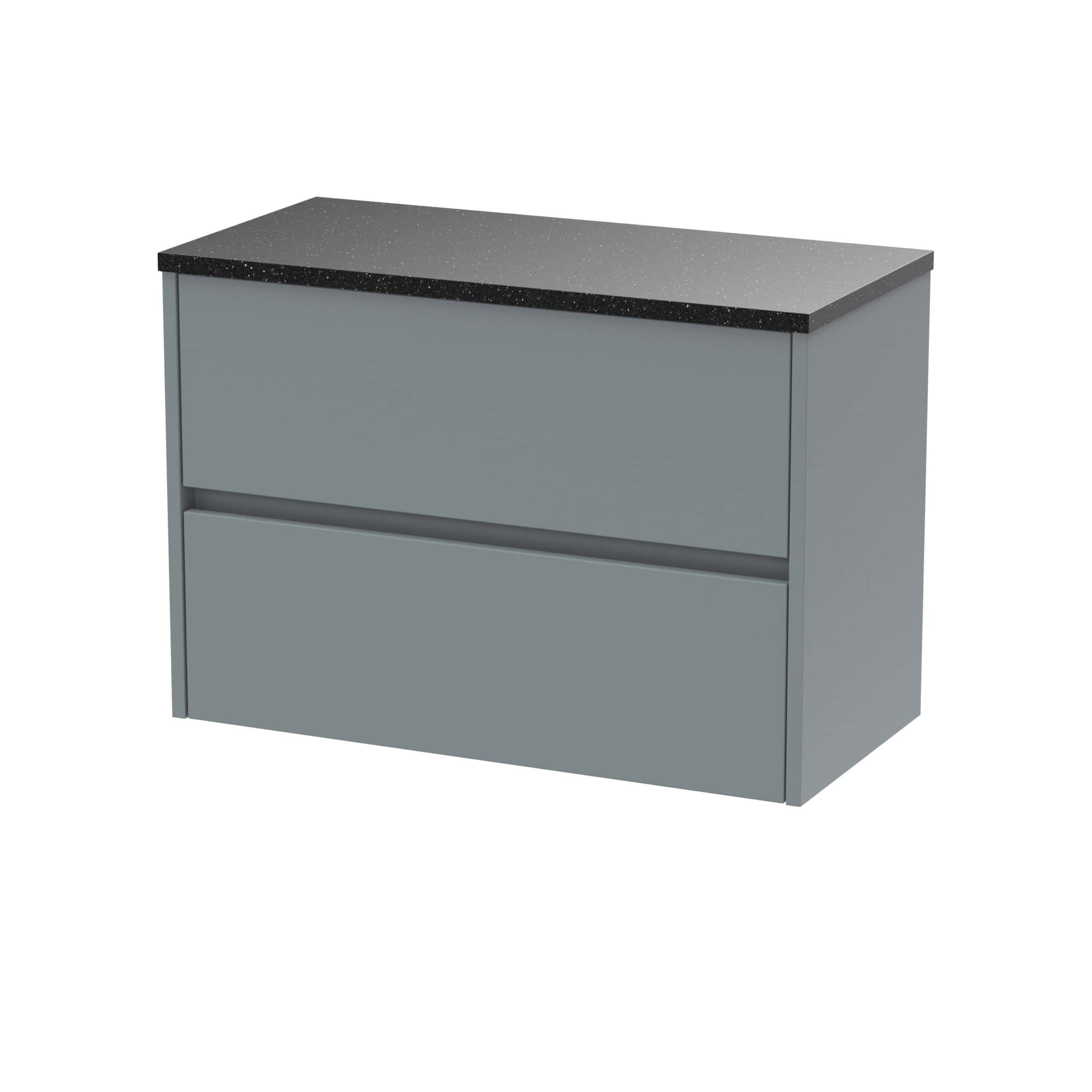 Sleek grey bathroom vanity unit with black speckled worktop, perfect for modern bathroom storage solutions. Durable and stylish, ideal for contemporary bathroom designs.