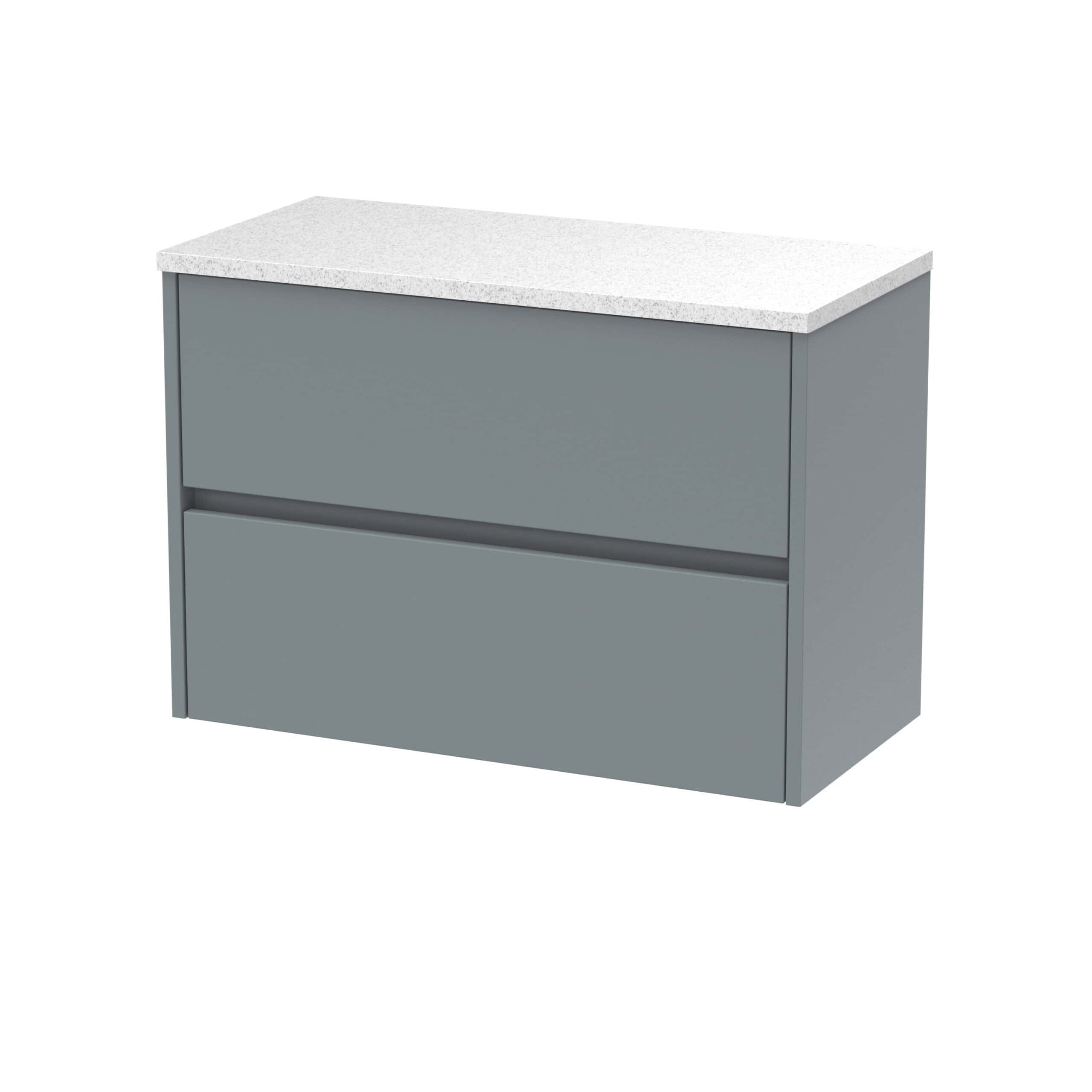 Modern grey bathroom vanity unit with a white countertop, sleek storage drawers, ideal for contemporary bathroom design. Perfect for adding style and functionality to your bathroom space.