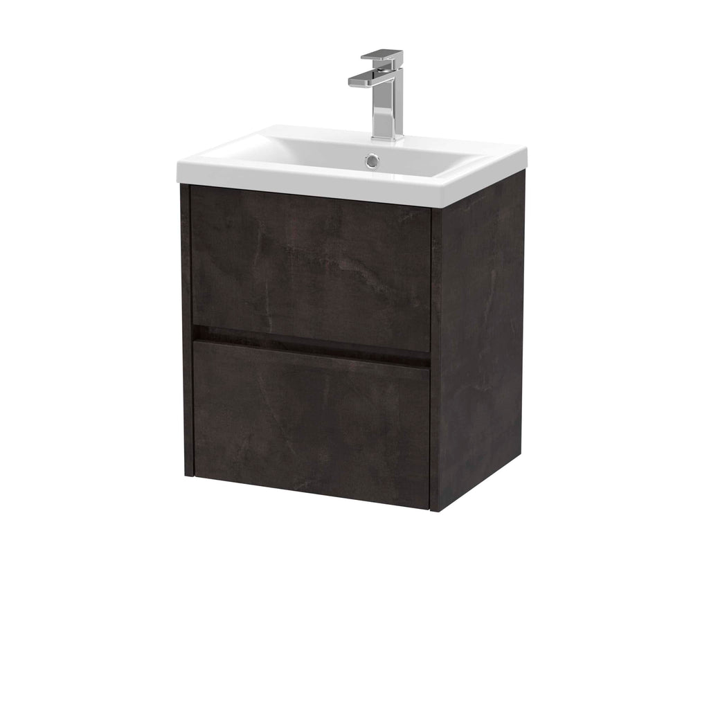 Contemporary bathroom vanity with integrated sink and sleek dark wood finish, perfect for modern bathroom decor. Features spacious storage drawers for organised bathroom essentials.