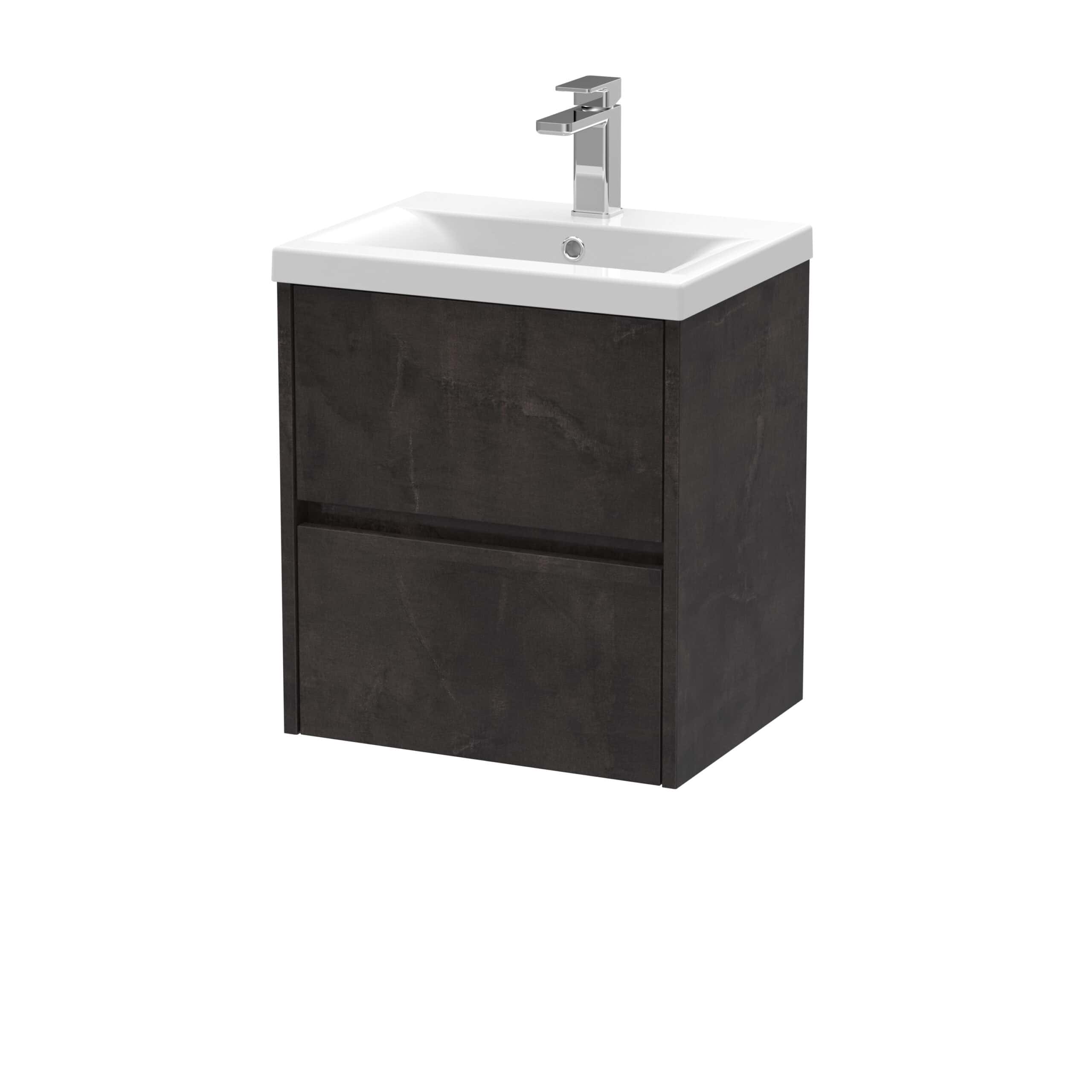 Contemporary bathroom vanity with integrated sink and sleek dark wood finish, perfect for modern bathroom decor. Features spacious storage drawers for organised bathroom essentials.