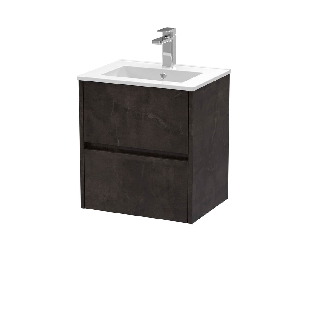 Modern black bathroom vanity unit with integrated white sink and sleek chrome tap, ideal for contemporary bathroom renovations. Durable materials and compact design optimise space efficiency.