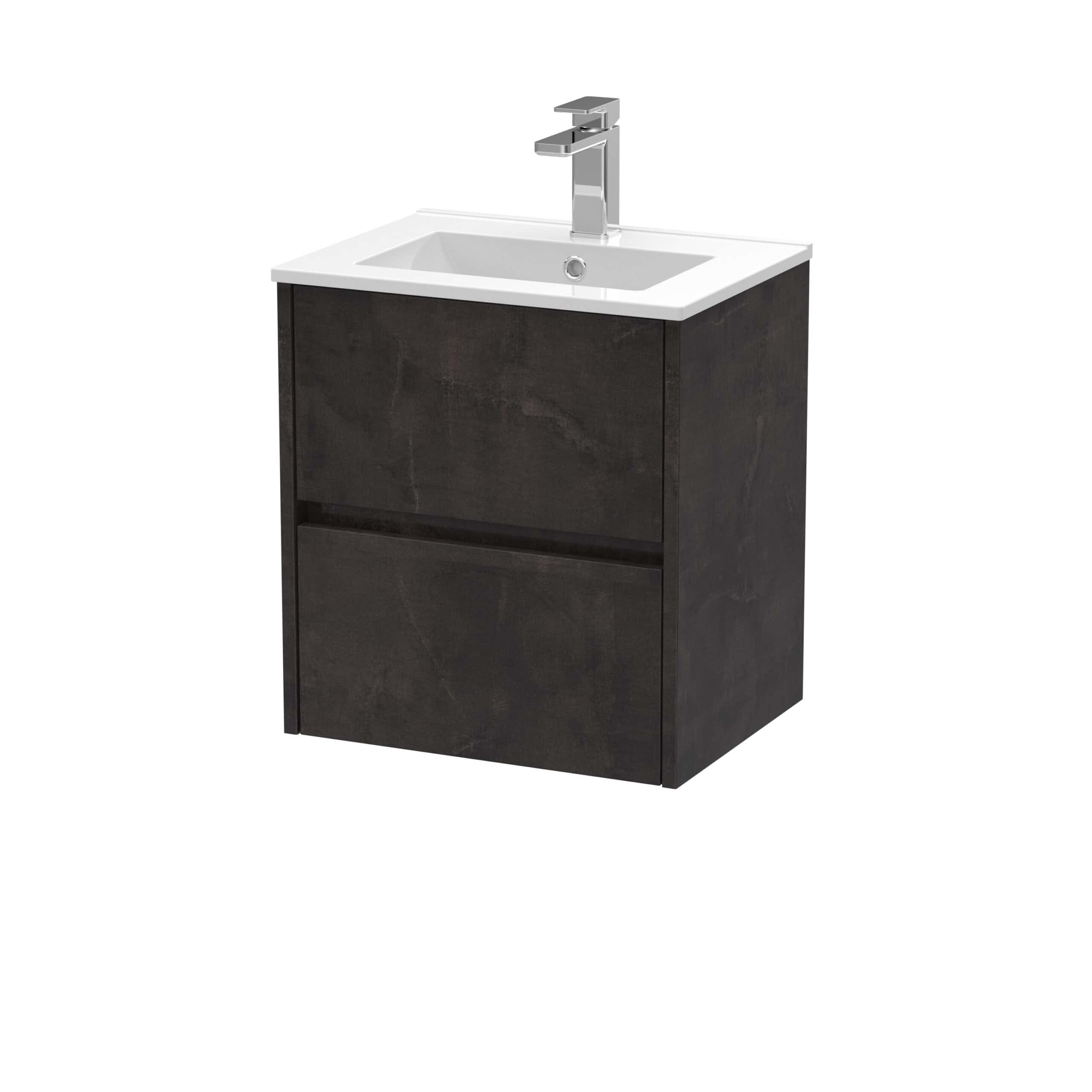 Modern black bathroom vanity unit with integrated white sink and sleek chrome tap, ideal for contemporary bathroom renovations. Durable materials and compact design optimise space efficiency.