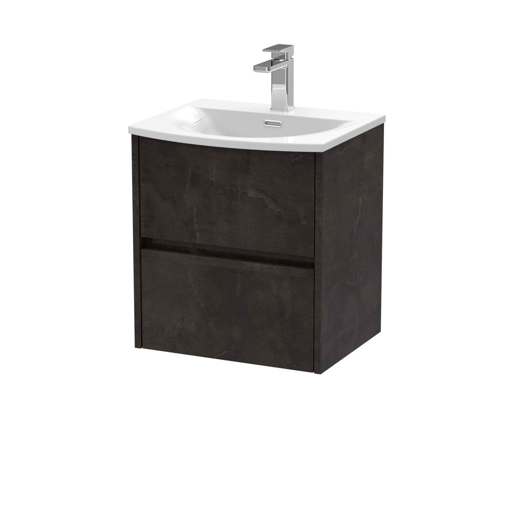 Modern black bathroom vanity unit with integrated ceramic sink and sleek chrome tap, ideal for contemporary bathroom decor and storage solutions.