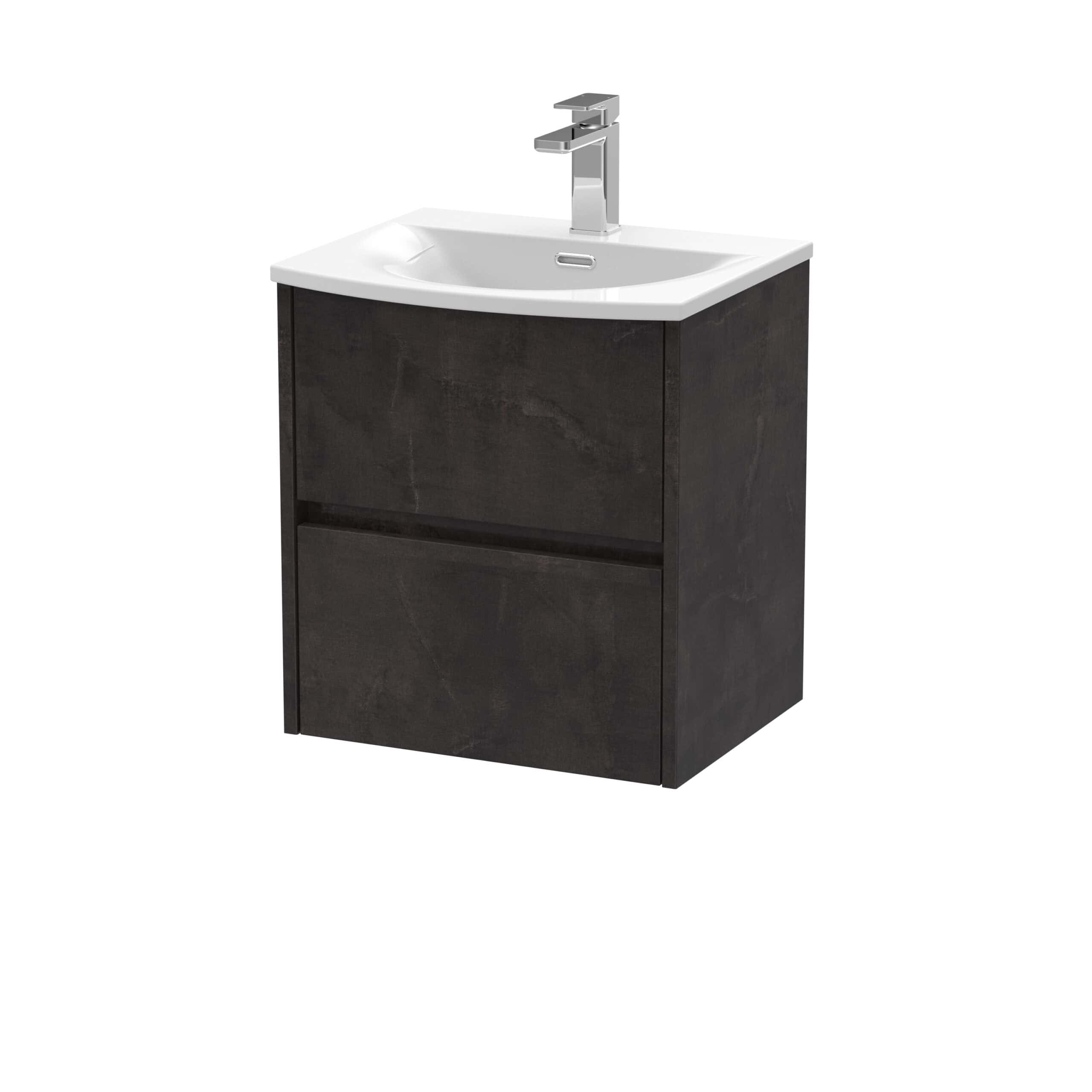 Modern black bathroom vanity unit with integrated ceramic sink and sleek chrome tap, ideal for contemporary bathroom decor and storage solutions.