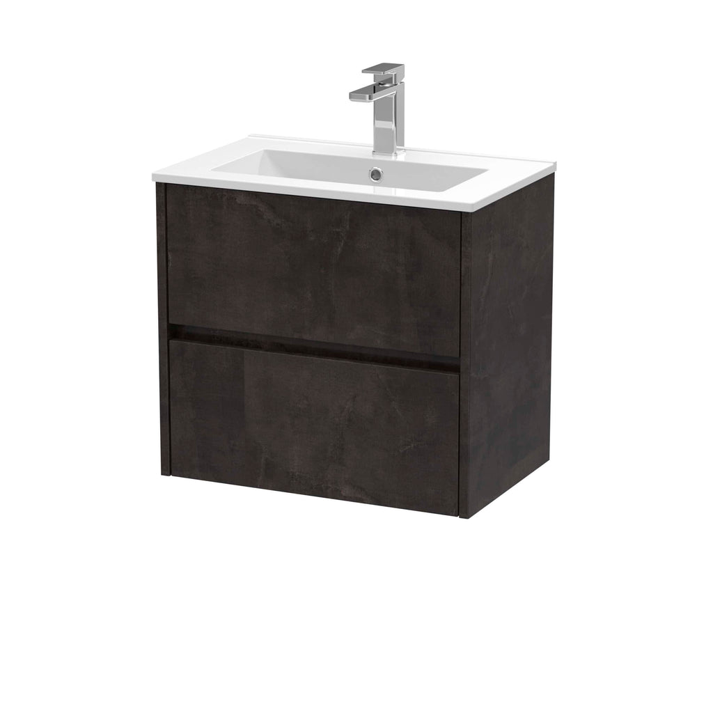 Modern bathroom vanity unit with a sleek black wood finish and integrated sink, ideal for contemporary bathrooms, featuring a stylish chrome tap.