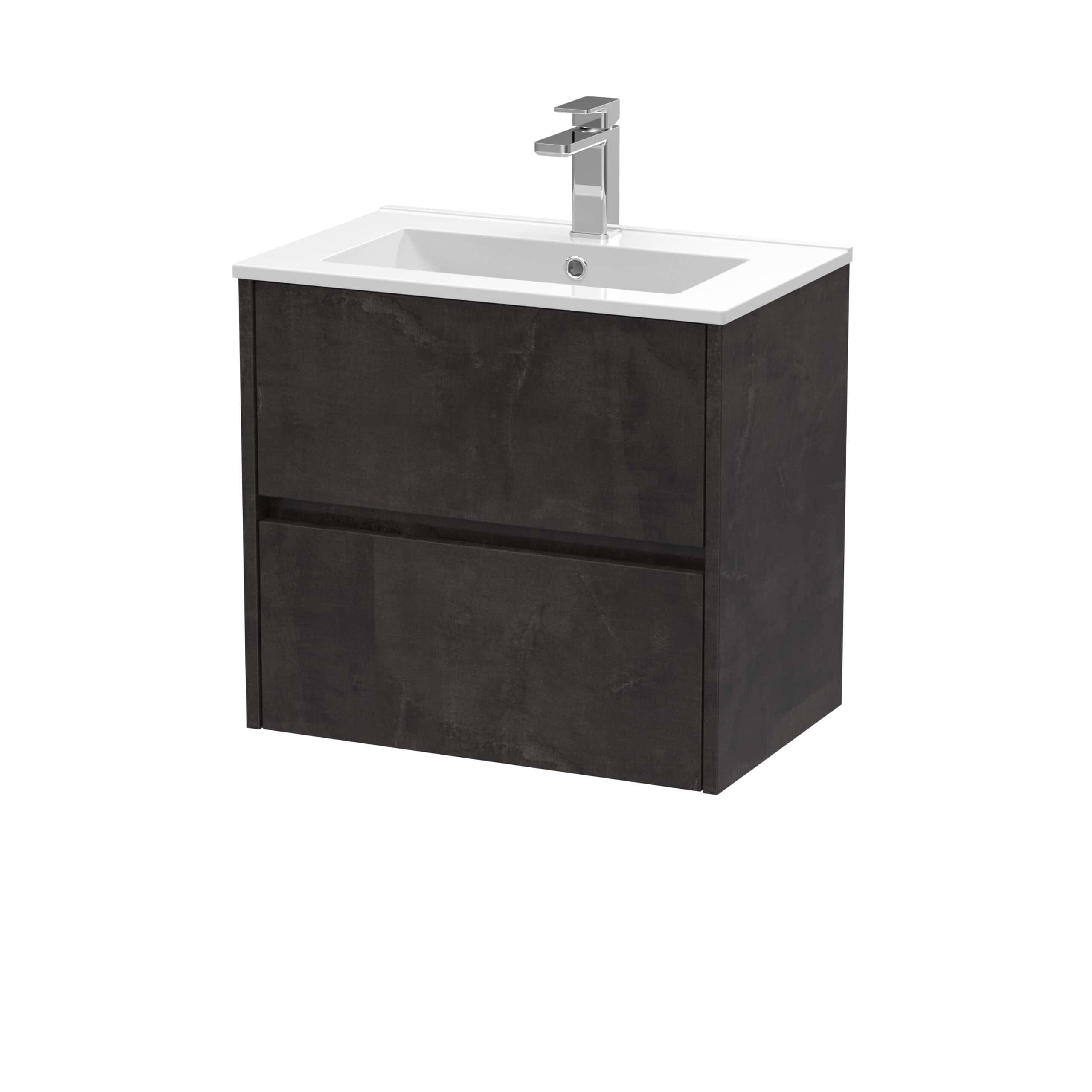 Modern bathroom vanity unit with a sleek black wood finish and integrated sink, ideal for contemporary bathrooms, featuring a stylish chrome tap.