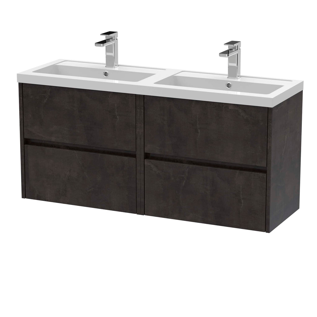 Contemporary double bathroom vanity unit with dual sinks, modern chrome taps, and dark wood finish, designed for stylish and functional bathroom storage. Perfect for modern bathrooms.