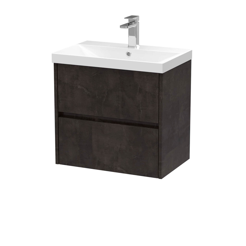 Modern bathroom vanity with a sleek white ceramic sink and dark wood finish, ideal for contemporary bathrooms, featuring integrated storage drawers.