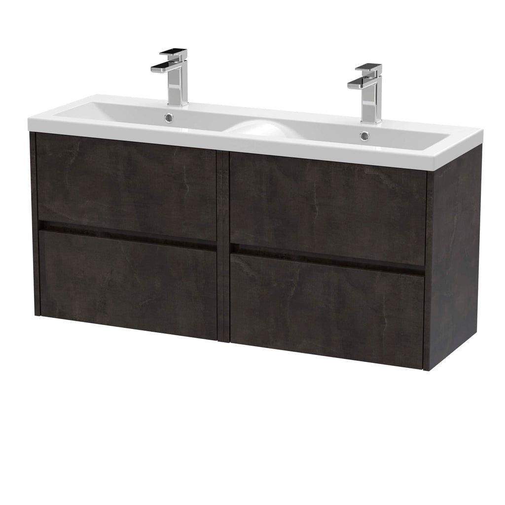 Sleek double bathroom vanity unit with modern dual sinks and chrome taps, finished with dark wood cabinets, ideal for contemporary bathroom designs.
