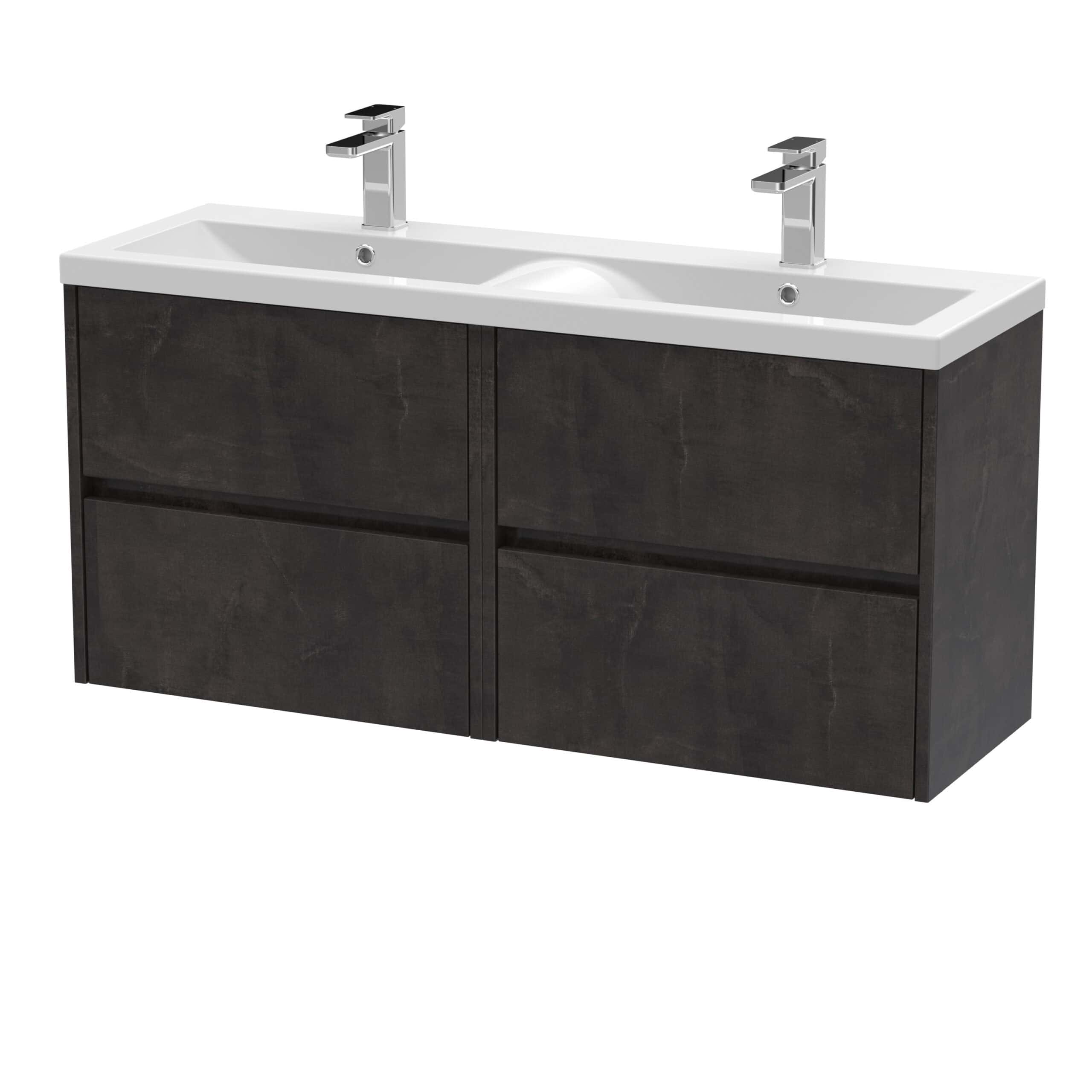 Sleek double bathroom vanity unit with modern dual sinks and chrome taps, finished with dark wood cabinets, ideal for contemporary bathroom designs.