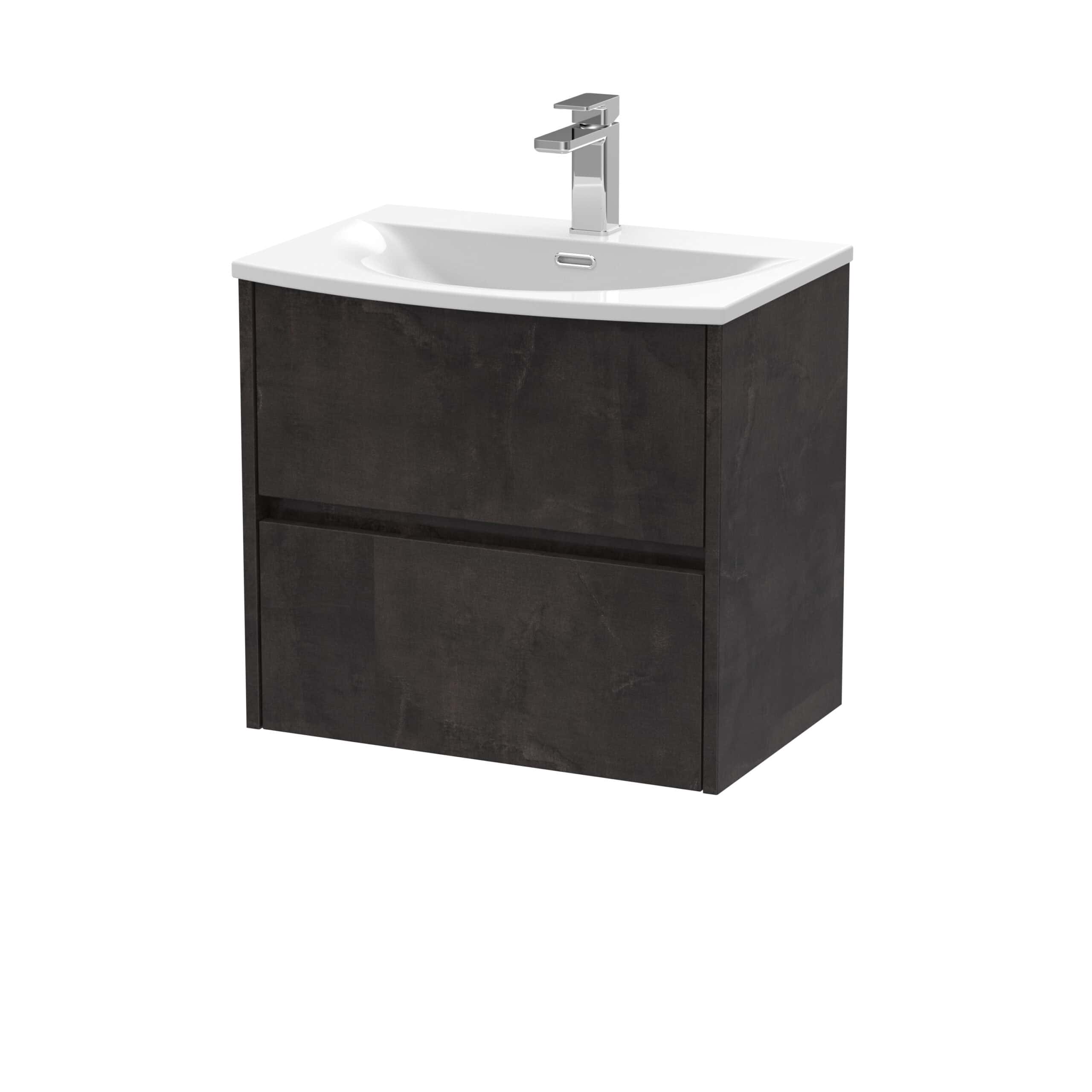 Polished black bathroom vanity with integrated ceramic sink and modern chrome faucet, ideal for contemporary bathroom décor and storage solutions.