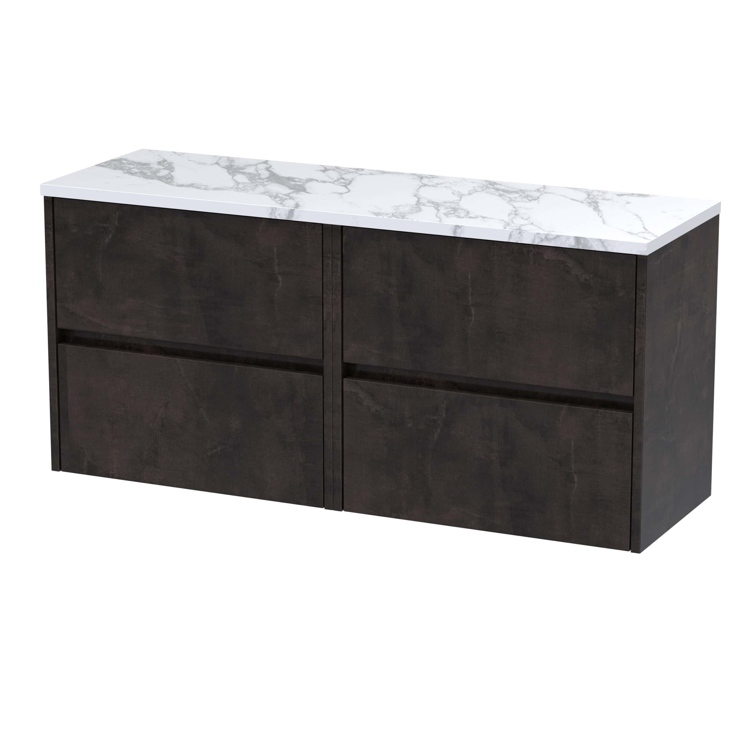 Sleek modern bathroom vanity with dark wood finish and marble top, ideal for contemporary bathroom designs and storage solutions. Perfect for stylish, functional bathrooms.