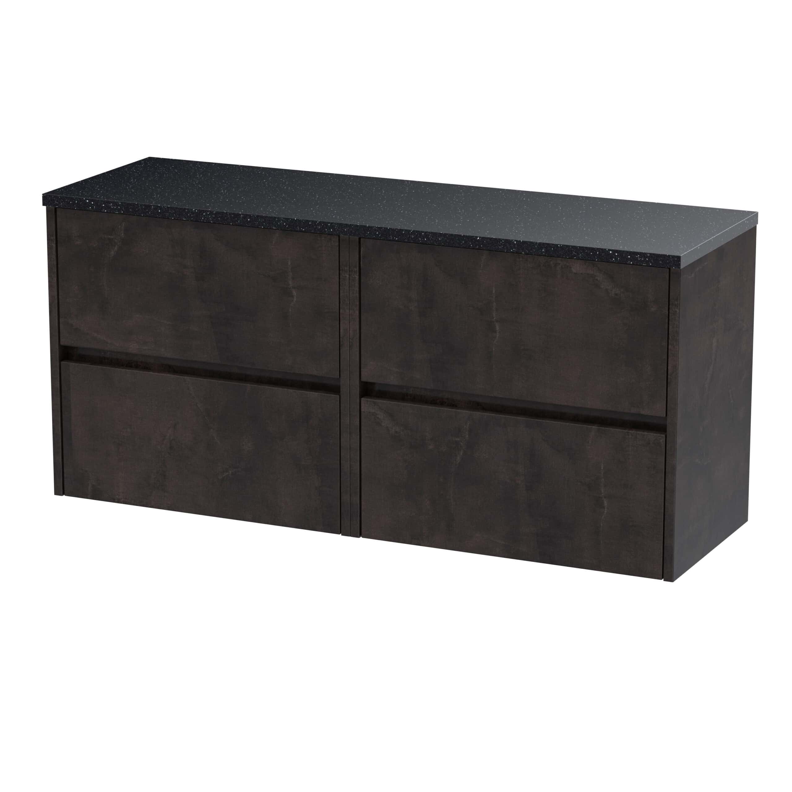 Sleek black bathroom vanity with a speckled granite top, designed for modern bathrooms, offering storage and style. Durable, high-quality finish complements contemporary bathroom interiors.