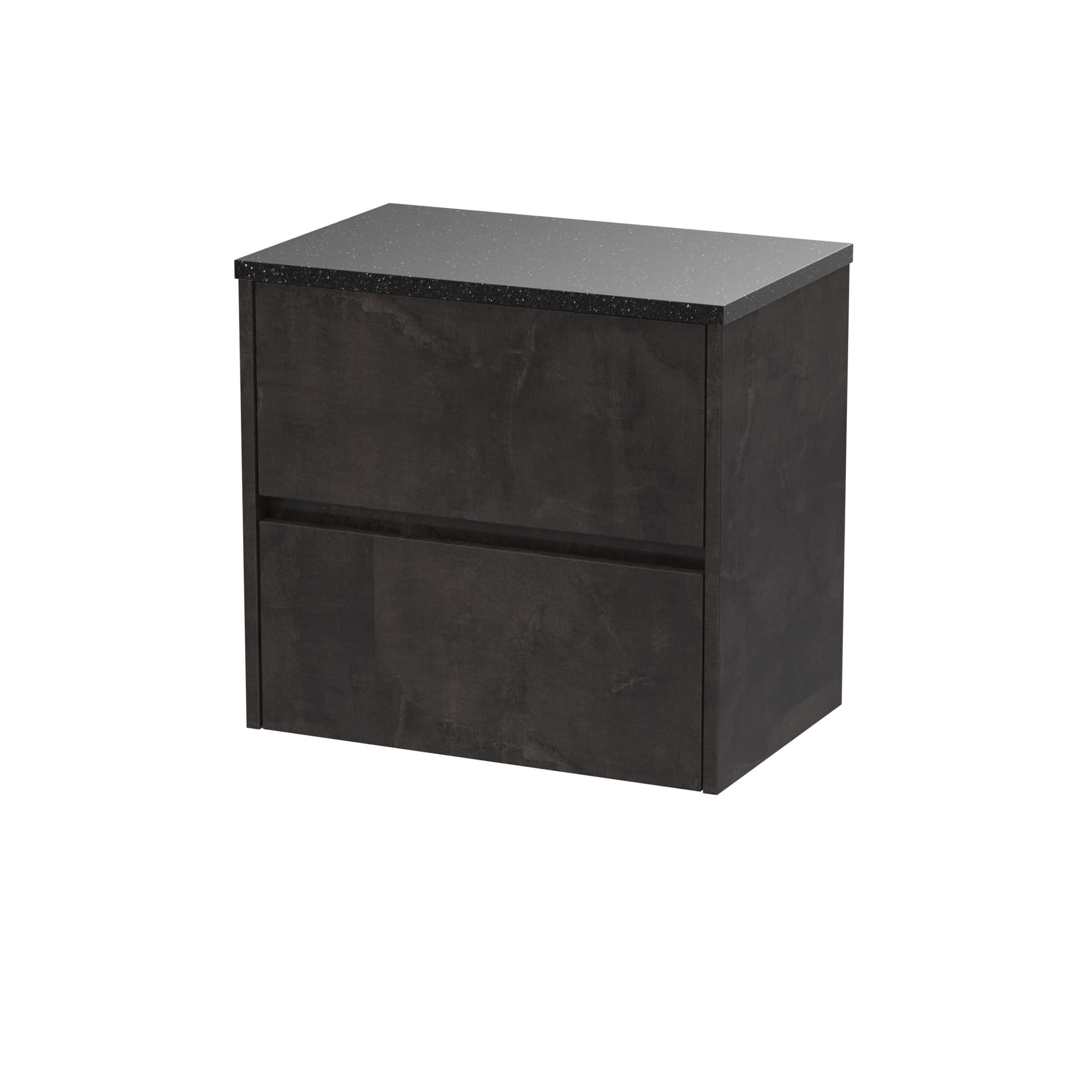 Sleek black bathroom vanity unit with a speckled black countertop, modern storage design, ideal for contemporary bathrooms. Perfect for organising essentials with style and functionality.