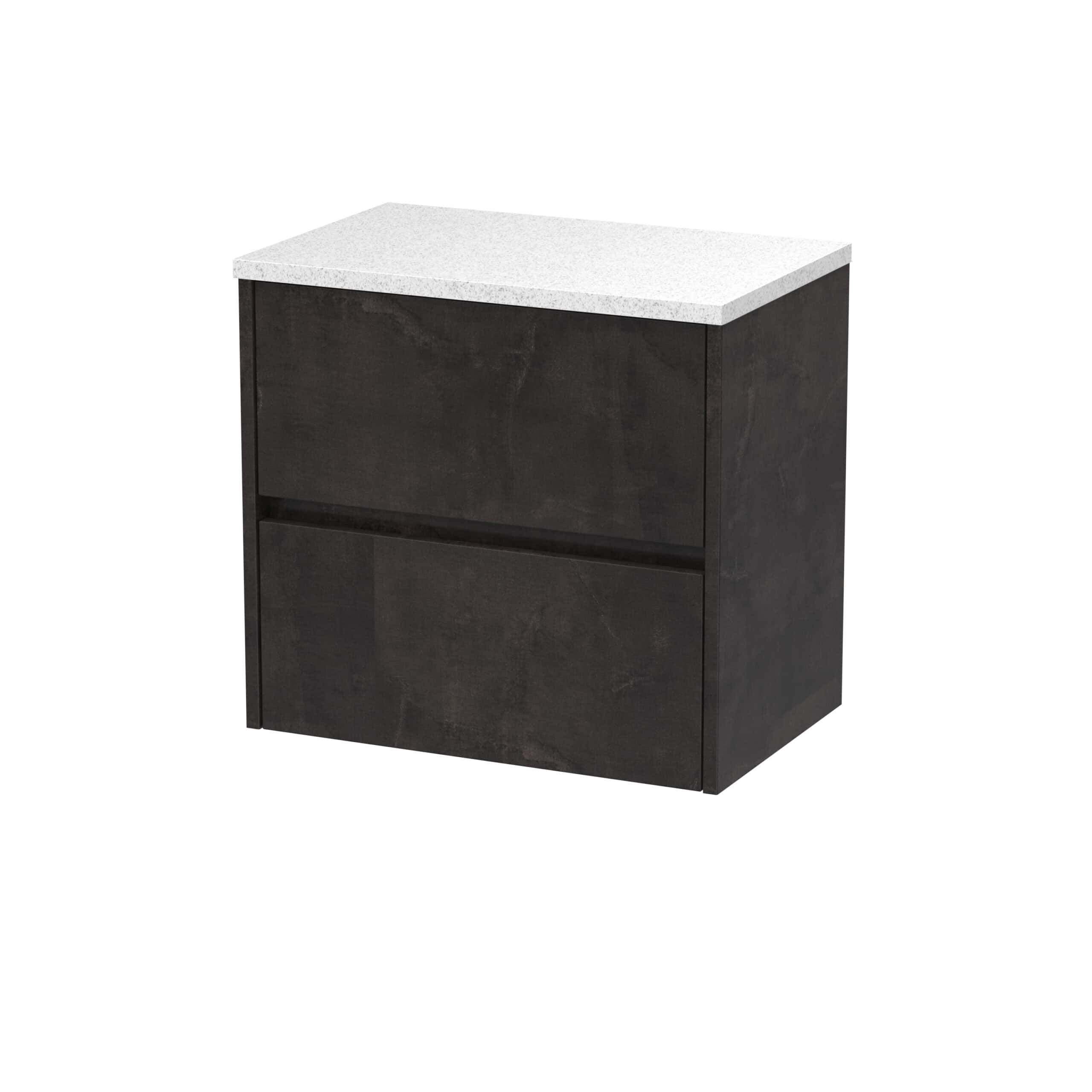 Sleek black bathroom vanity with a white countertop, modern design, ideal for contemporary bathrooms, providing stylish storage and organisation. Perfect for bathroom renovation projects.