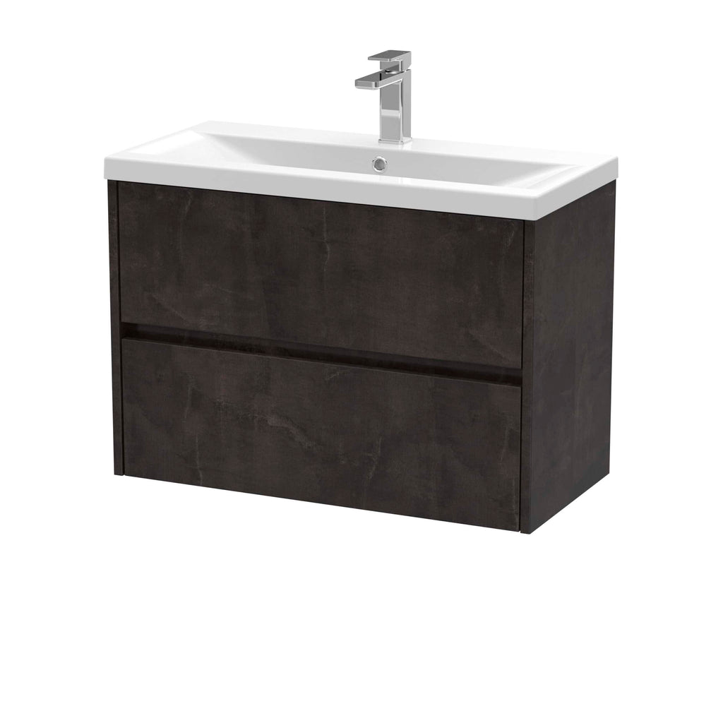 Modern black bathroom vanity with white ceramic sink and chrome tap, ideal for contemporary bathroom design.